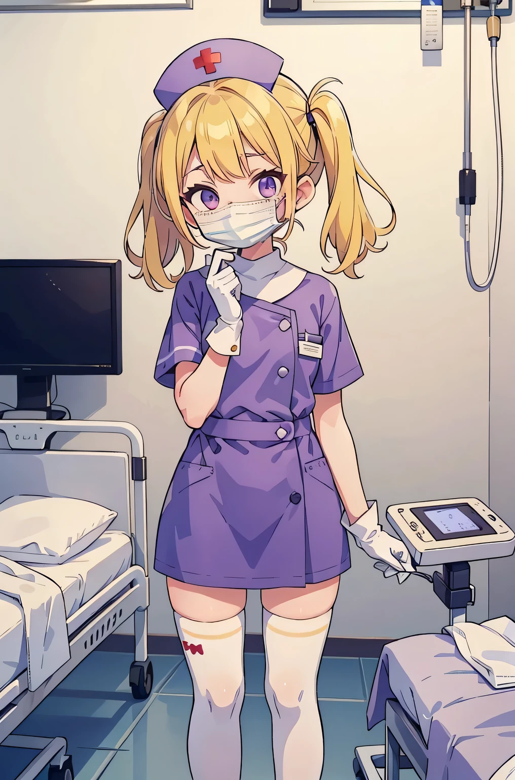 1 girl, alone, nurse, nurse cap, Whiteware, ((white legwear, zettai ryouiki)), white gloves, twin tails, yellow hair, purple eyes, ((White surgical mask, Covered nose)), Are standing, ((hospital room)), sharp outline, short sleeve, highest quality, masterpiece