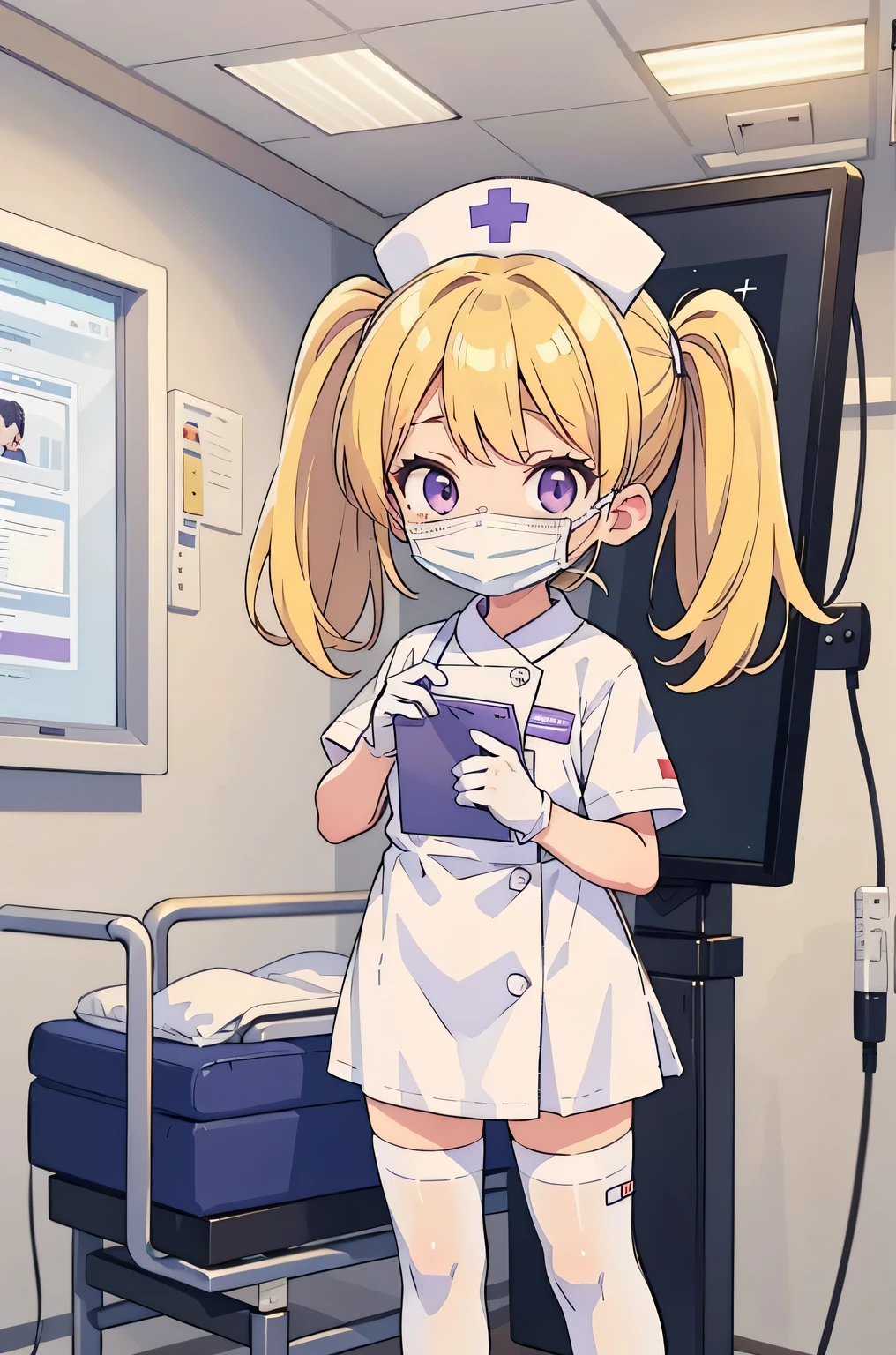 1 girl, alone, nurse, nurse cap, Whiteware, ((white legwear, zettai ryouiki)), white gloves, twin tails, yellow hair, purple eyes, ((White surgical mask, Covered nose)), Are standing, ((hospital room)), sharp outline, short sleeve, highest quality, masterpiece