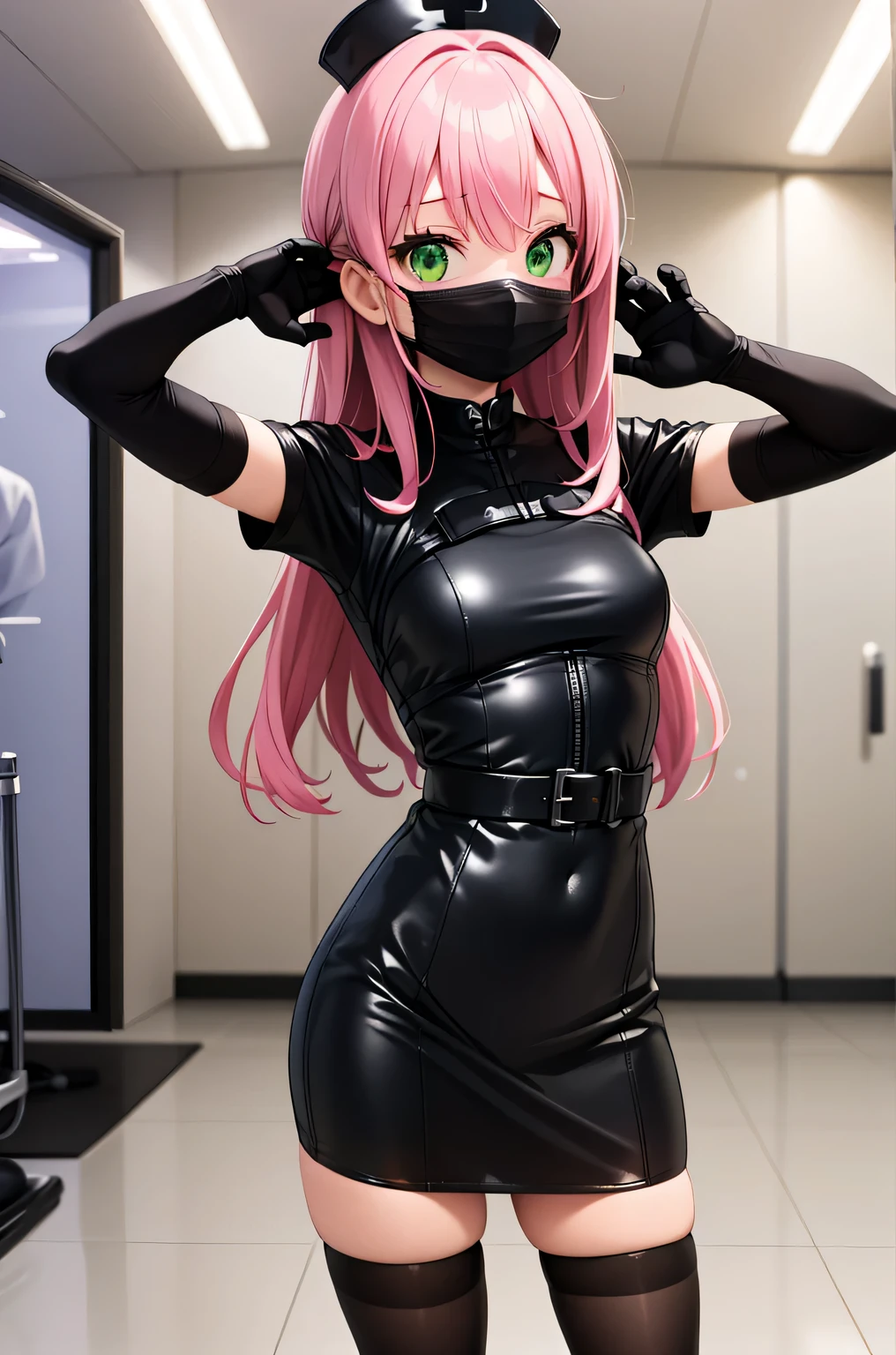 black nurse, 1 girl, alone, black nurse cap, Black Wear, ((black legwear, zettai ryouiki)), black elbow gloves, pink hair, green eyes, droopy eyes, ((Black surgical mask, Covered nose)), Are standing, ((operating room)), sharp outline, short sleeve, highest quality, masterpiece