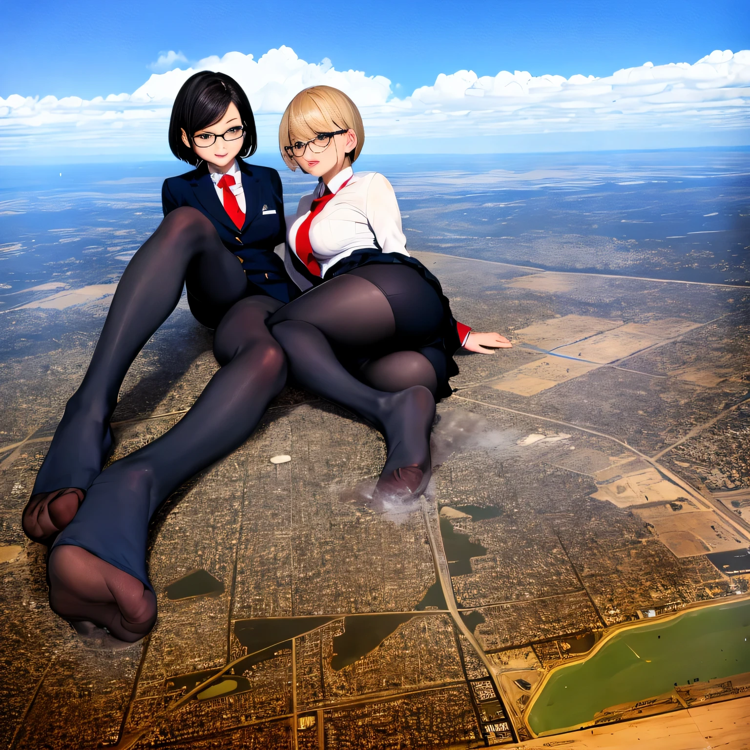 multiple girls, Giantの芸術, 非常に詳細なGiantショット, Giant, short hair, A high school girl who is much bigger than a skyscraper, wearing rimless glasses, big breasts, big ass, navy blue blazer, red tie, mini skirt, black pantyhose, pantyhose barefoot, Steam comes out from the soles of the feet, very small metropolis, miniature metropolis, crush the big city, full body description, ＧＴＳ, ギガGiant, Stomping City, crash city, Small town, micro city, High resolution, highest quality, masterpiece, 