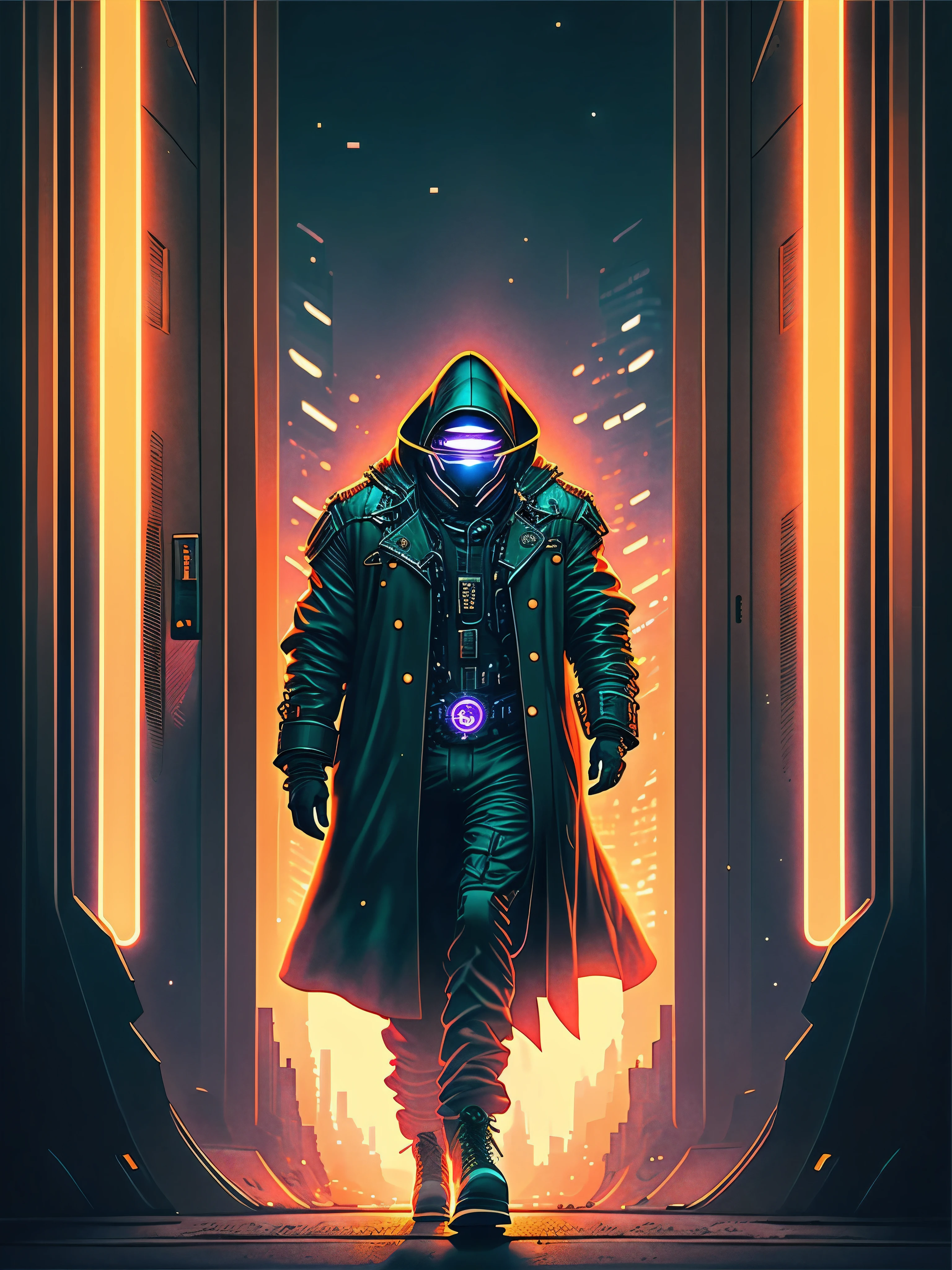 In the dimly lit alley of a futuristic cityscape, a lone figure sprints with determination towards a shimmering portal crackling with energy. The man, dressed in a worn trench coat and cybernetic enhancements, casts a determined gaze ahead, his silhouette framed by the neon glow of the surrounding skyscrapers. Behind him, the chaotic cityscape fades into obscurity, while ahead, the portal offers a tantalizing glimpse into an unknown, otherworldly realm. The scene is reminiscent of a cyberpunk dystopia, evoking the gritty atmosphere of "Blade Runner," as the protagonist races towards an uncertain destiny beyond the confines of reality.