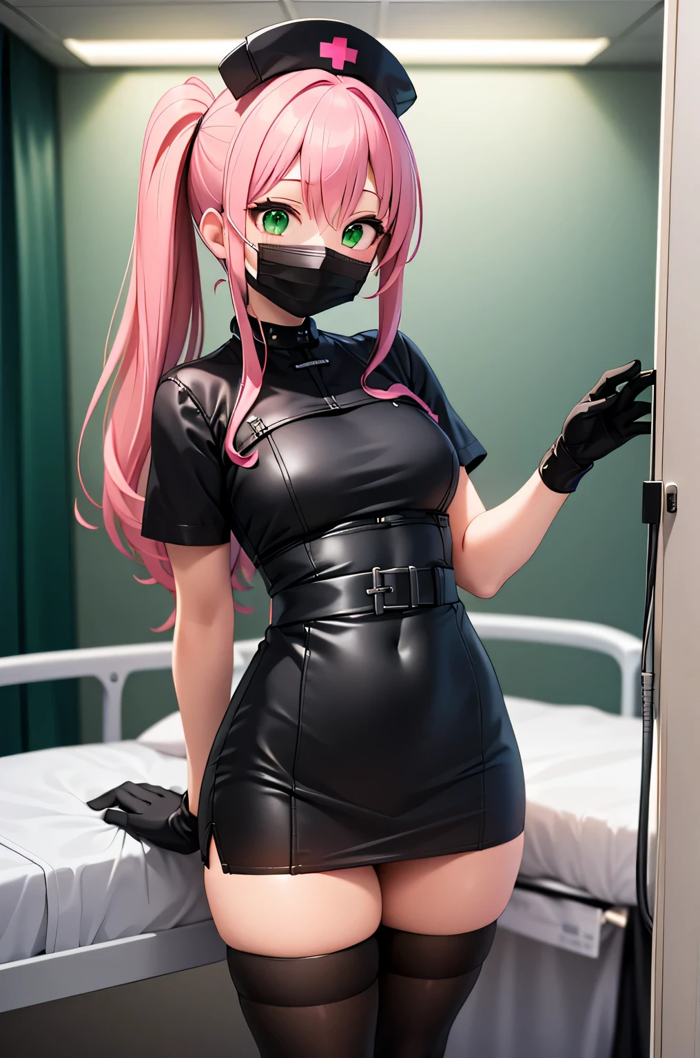black nurse, 1 girl, alone, black nurse cap, Black Wear, ((black legwear, zettai ryouiki)), black elbow gloves, pink hair, green eyes, droopy eyes, ((Black surgical mask, Covered nose)), Are standing, ((operating room)), sharp outline, short sleeve, highest quality, masterpiece