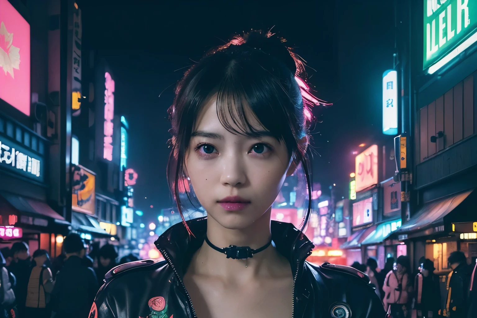 ((Awesome masterpiece anime illustration.)), ((A very delicate and beautiful cyber girl)), ((Highly detailed and exposed face)), ((mechanical parts, )), (Tube connection for neck attachment:1.2 ), ((Clumps of wires and cables on the body)), ((wearing colorful Harajuku tech jacket with logo)), (dynamic pose), ((Futuristic bike behind the girl)), (((night sky with smog))),((masterpiece)), (((highest quality))), ((Super detailed)), (very detailedフォトリアリスティックなCGイラスト), cinematic lighting, SF, very detailed, colorful, higher details, (((cyberpunk city background, Darkness and neon light illuminating the girl (leaf buster), Harajuku area))), (((8K))). NSFW