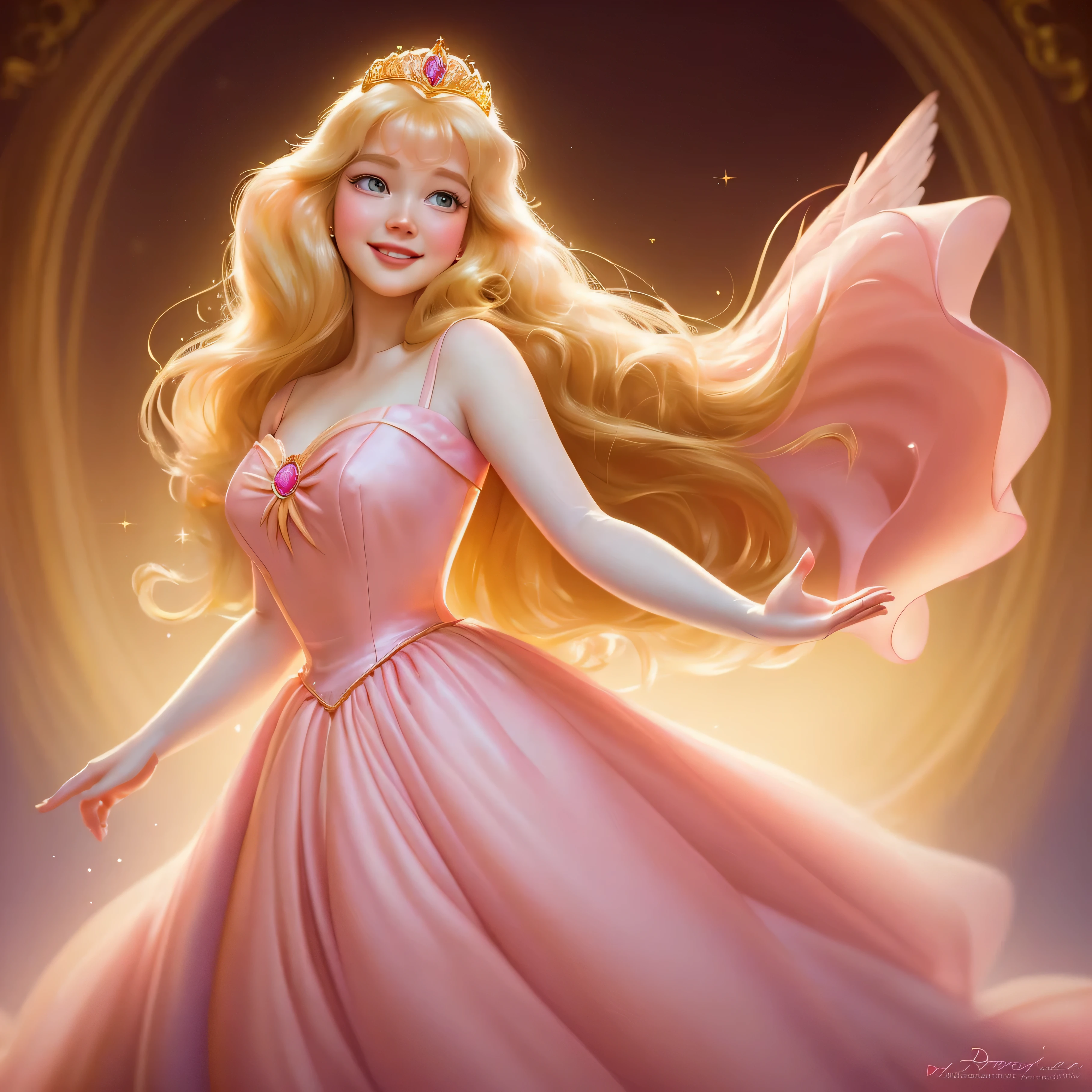 Disney-Pixar style cartoon illustration featuring Princess Aurora in a flowing pink dress, bird landing gently on your outstretched hands, fundo vazio amarelo dourado, sorriso caloroso, retrato de corpo inteiro, Tilt angle, with a cinematic lighting effect similar to an Artgerm painting, cores ultrafinas e vivas.
