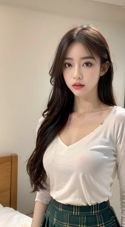 （（top quality，8k，masterpiece：1.3）），beautiful woman，Hide your face，1 girl，full bodyesbian，Beautiful big breasts：1.3，slim abs：1.1，White shirt，Obscenity exposed，full，long black hair，（Kneel on the bed），，plaid mini skirt，Japanese high school，Super detailed face，highly detailed lips，delicate eyes，double eyelids，Strict head and body proportions：1.5，