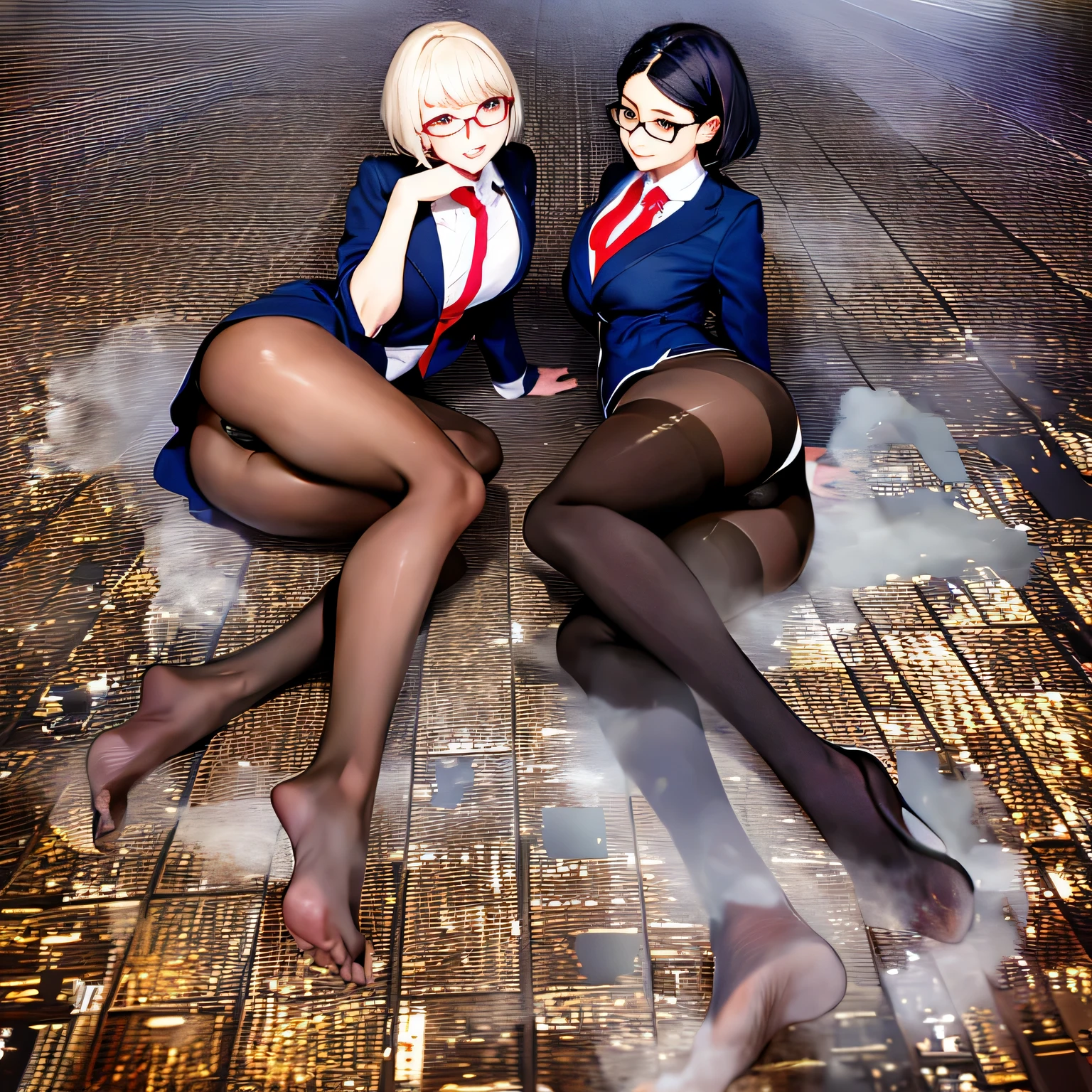 multiple girls, Giantの芸術, 非常に詳細なGiantショット, Giant, short hair, A high school girl who is much bigger than a skyscraper, wearing rimless glasses, big breasts, big ass, navy blue blazer, red tie, mini skirt, black pantyhose, pantyhose barefoot, Steam comes out from the soles of the feet, very small metropolis, miniature metropolis, crush the big city, full body description, ＧＴＳ, ギガGiant, Stomping City, crash city, Small town, micro city, High resolution, highest quality, masterpiece, 