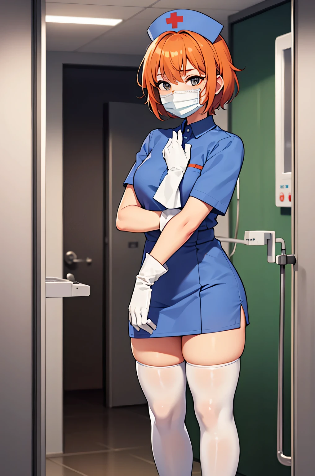 1girl, solo, nurse, nurse cap, white wear, ((white legwear, zettai ryouiki)), white gloves, very short hair, orange hair, ((white surgical mask, covered nose)), standing, ((hospital room)), sharp outline, short sleeves, tomboy, boyish, best quality, masterpiece