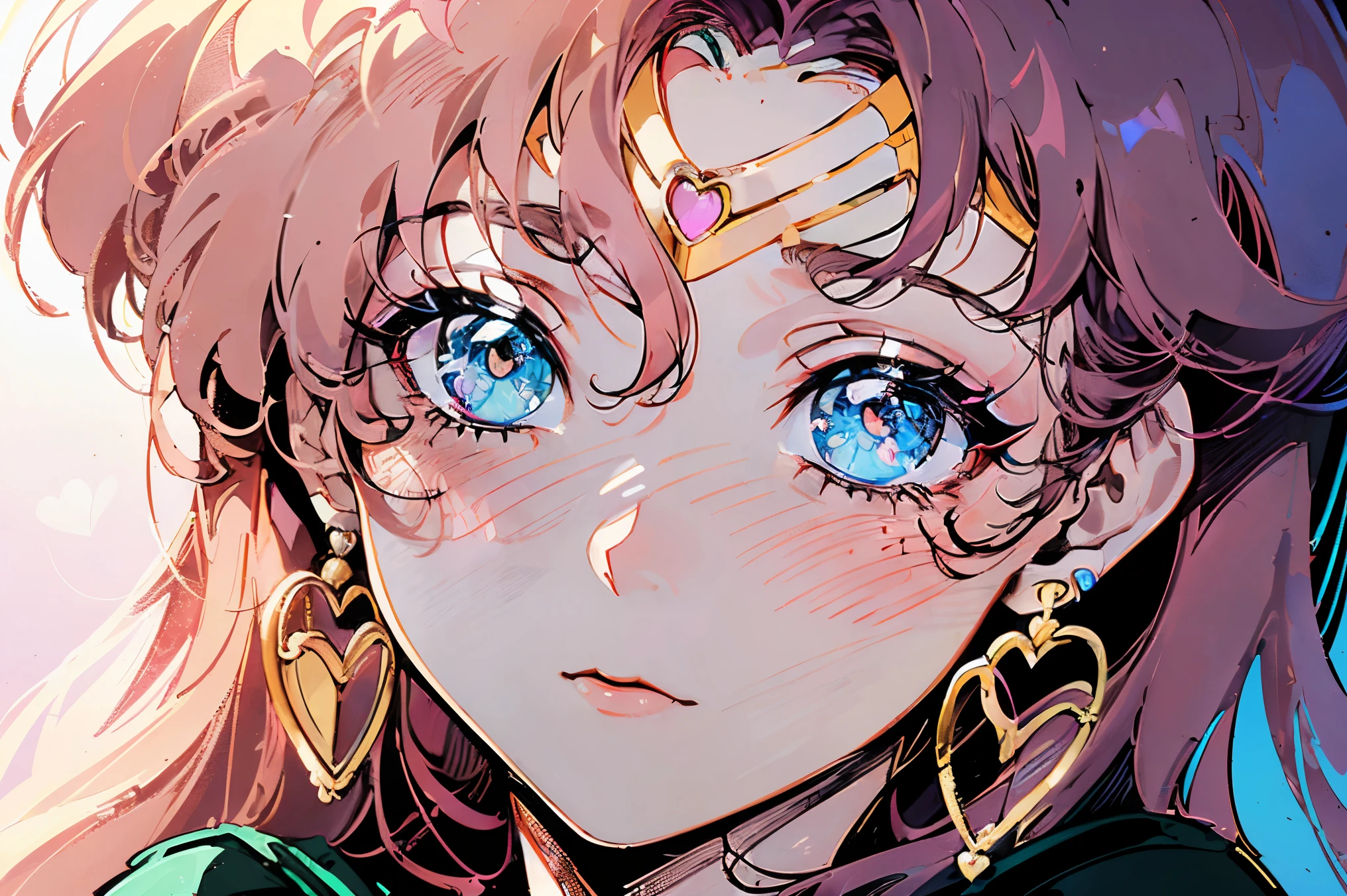 (90's anime style,1990s style,1970s anime, in the style of sailor moon,clear, (blush:1.7),(zentangle:1.1), (geometric:1.1), ((1girl,amazing,sharp focus,cute,Solo,))(Masterpiece,Best quality, offcial art, Beautiful and aesthetic:1.2),(incredibly_absurdres,Golden ratio,) (16k),(upper upper shot,close up),Sharp focus, (highdetailskin,),Delicate pupils,(detailed hair|retro hairstyle|heart earrings|pink bow),(masterpiece sidelighting),(The sheen),(beautiful hair,beautiful eyetremely_Detailed_Eyes_and_face),Brilliant,Glossy