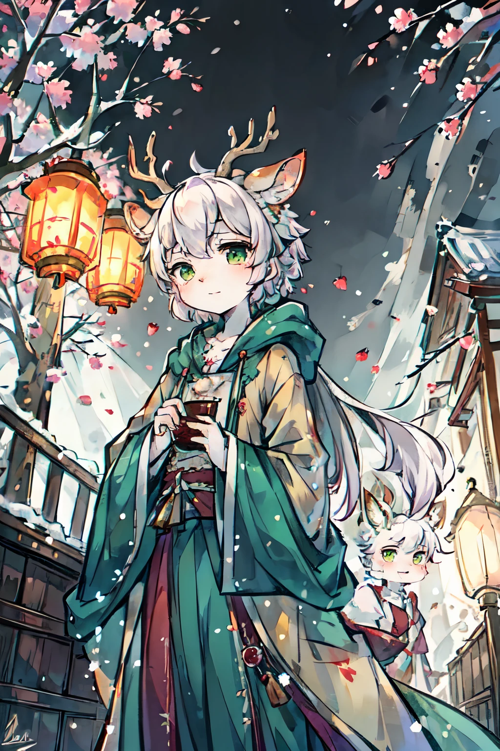 ink style,a white deer,antlers,Plum tree,Plum petals,plum blossom branch,Stand by the tree,green-shirt,long cloak,Flowing cloak,Cute Shota,green eyes,Relieved,Orange trees,The trees are full of oranges,There is a book next to you,Mountain,white hair,Purple left sleeve,Orange right sleeve,sparkling starry sky,fallen leaves,Mountain河,white hairefly虫,firefly,dark night,Portable lanterns,new year lanterns,snow,snow域,Holding a wishing card in hand,green clothing,temple,Cute Shota,little boy,Holding a folding fan in his hand,Red Lantern