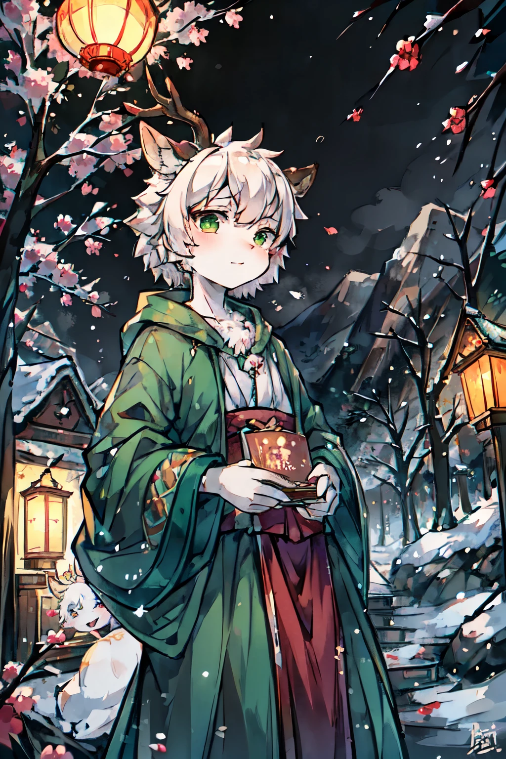 ink style,a white deer,antlers,Plum tree,Plum petals,plum blossom branch,Stand by the tree,green-shirt,long cloak,Flowing cloak,Cute Shota,green eyes,Relieved,Orange trees,The trees are full of oranges,There is a book next to you,Mountain,white hair,Purple left sleeve,Orange right sleeve,sparkling starry sky,fallen leaves,Mountain河,white hairefly虫,firefly,dark night,Portable lanterns,new year lanterns,snow,snow域,Holding a wishing card in hand,green clothing,temple,Cute Shota,,Holding a folding fan in his hand,Red Lantern
