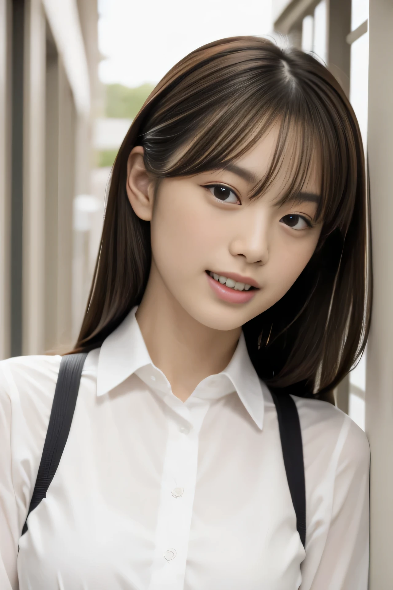 High resolution, realistic, very delicate and beautiful, highest quality, Photo of an erotic cute Japanese model in her 20s wearing a uniform, Walking through the school corridors, white skin, beautiful and detailed face, beautiful clear eyes, delicate figure, smile, upper teeth, close up of face,