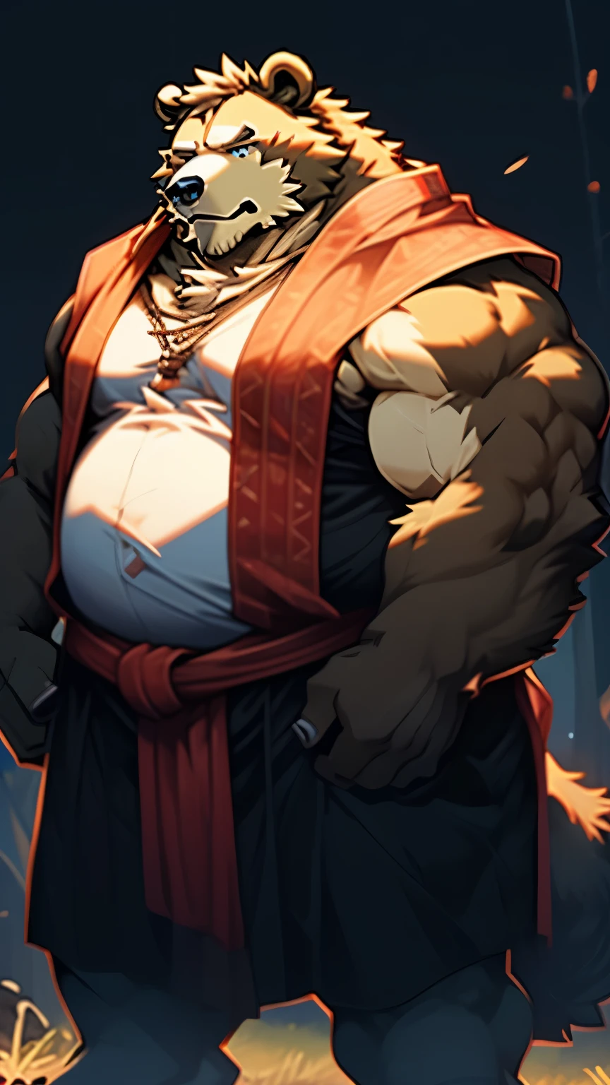 (best quality, 4k, high-res, masterpiece:1.2), inspiration from nature, intense gaze, blue eyes, fluffy, brown fur, white fur, rugged bear, upper body, human (bear), male, (bear), middle-aged, brown body, white belly, tail, chubby, samurai attire, gray long cloak, high-definition, dark background.