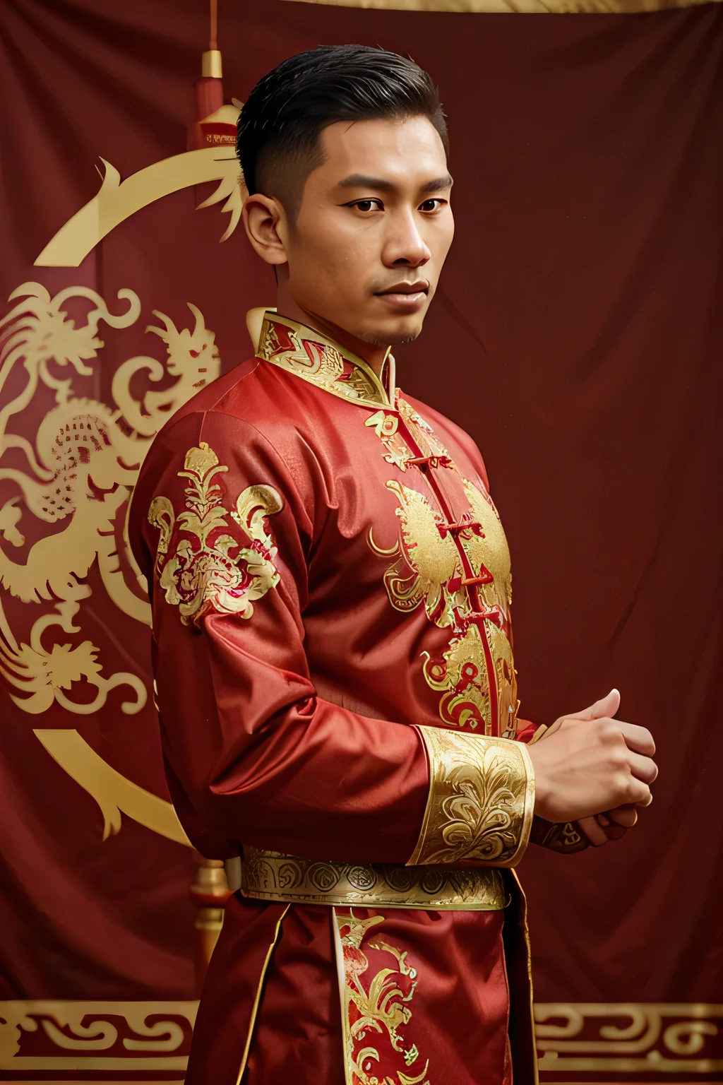 Create a realistic image of an Indonesian man with undercut hair wearing red traditional Chinese clothing with gold patterns, as if he is giving a greeting. During the agreement there were several people performing lion dances. Very realistic two tailed dragon gate background.