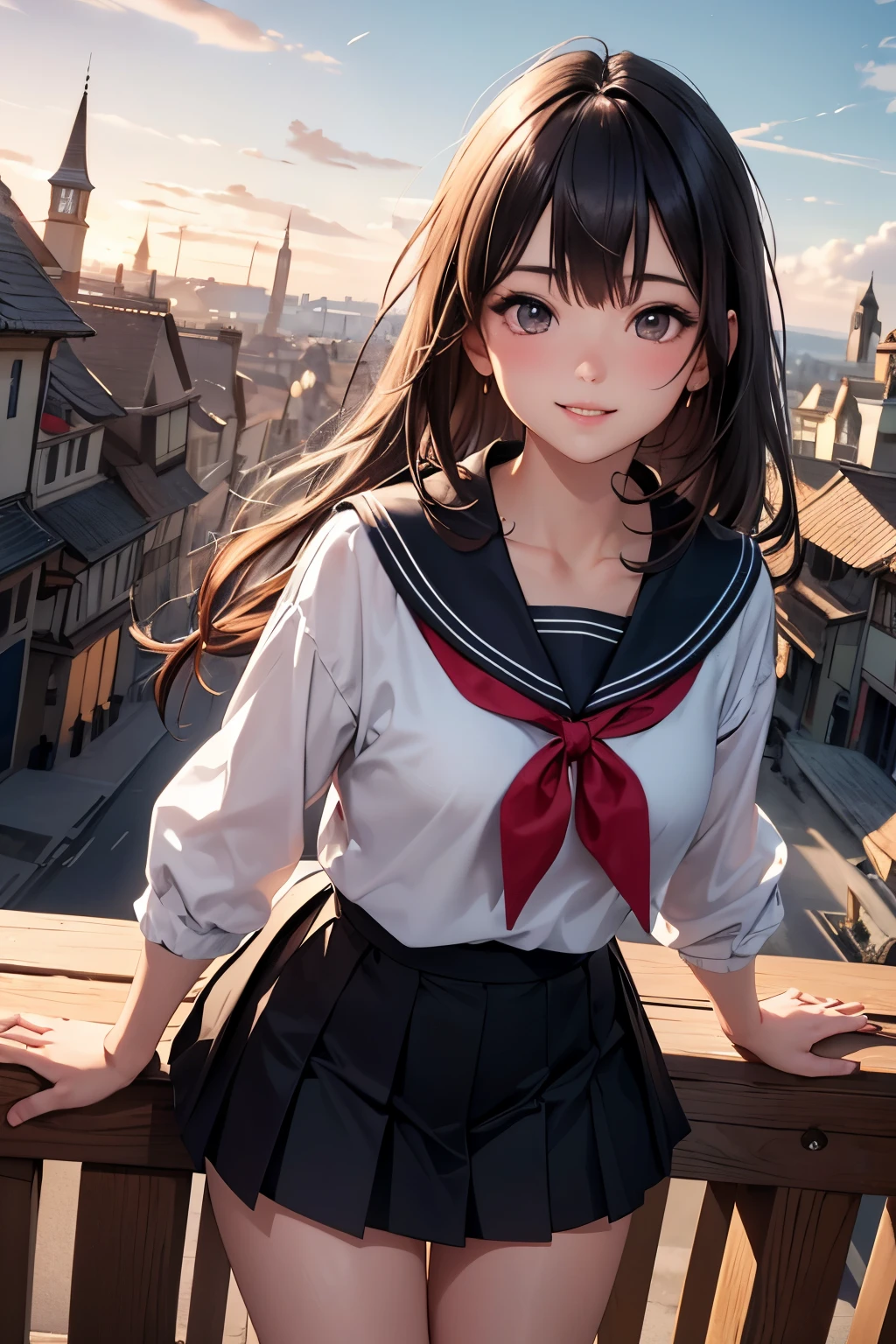 very cute and beautiful girl,(highly detailed beautiful face),serafuku,navy blue pleated mini skirt,skirt lift,(white panties),(smile),blush,looking at viewer,black hair,
many european houses with red roof,(town overview:1.2),detailed landscape,
(best quality,masterpiece:1.2),absurdres,highres,ultra-detailed,extremely detailed,32k,8k resolution,
intricate details,cinematic scene,detailed background,solo,dynamic angle,
natural lighting,hair fluttering in the wind,beautiful detailed sky,