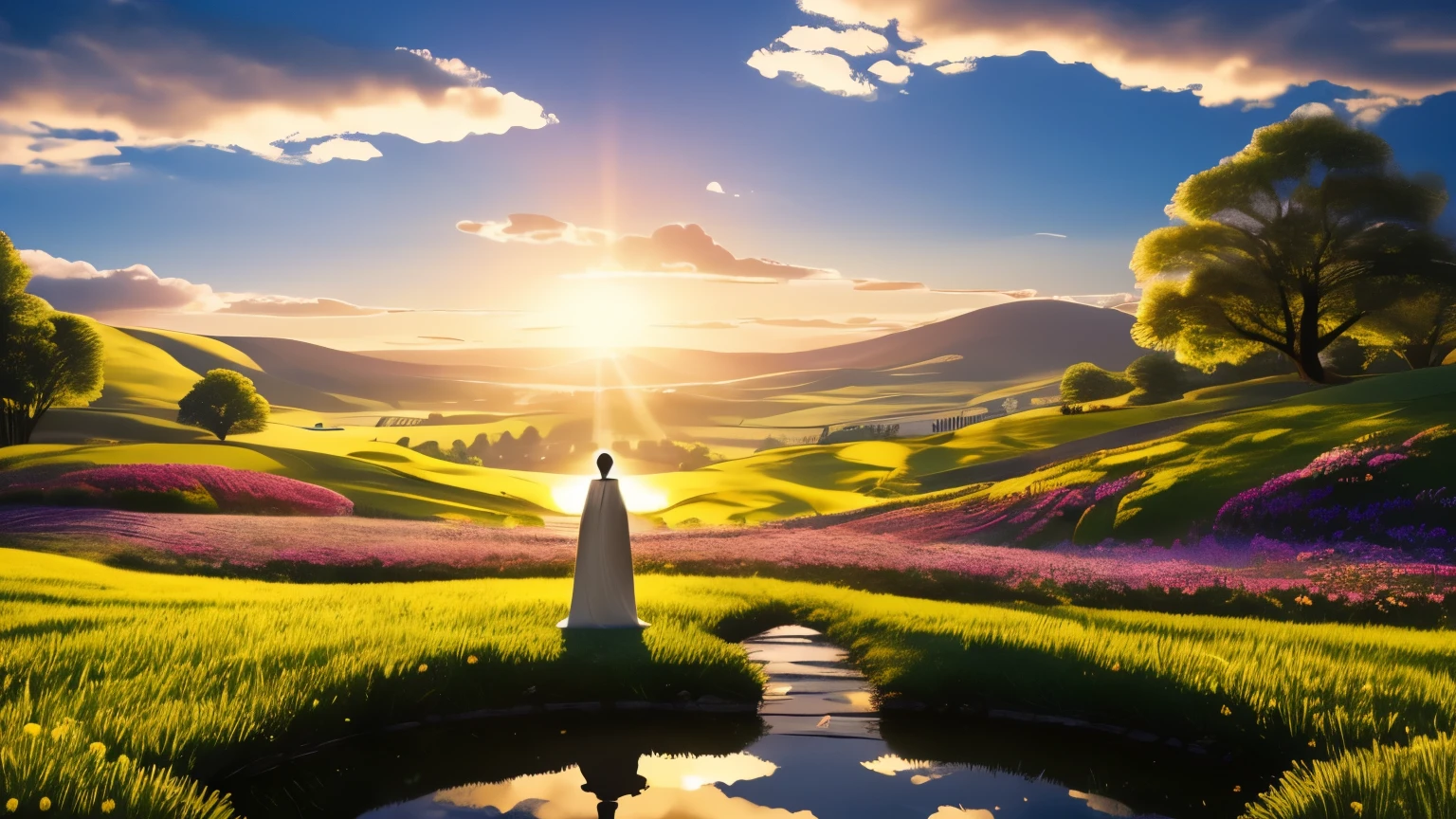 Visualize a serene landscape, with rolling hills and a tranquil stream flowing gently through the scene. In the center, a figure stands with arms outstretched towards the sky, bathed in a soft, golden light symbolizing the presence of spiritual mentors. Above them, the words "Once you are calm and relaxed, we will connect in prayer with spiritual mentors" shimmer softly, carrying the invitation to enter into communion with the divine. Surrounding the figure, shimmering figures of spiritual mentors appear, their forms blending seamlessly with the natural beauty of the landscape. It's a scene of harmony and unity, where the soul merges with the wisdom and guidance of its spiritual guides in a sacred communion of prayer.