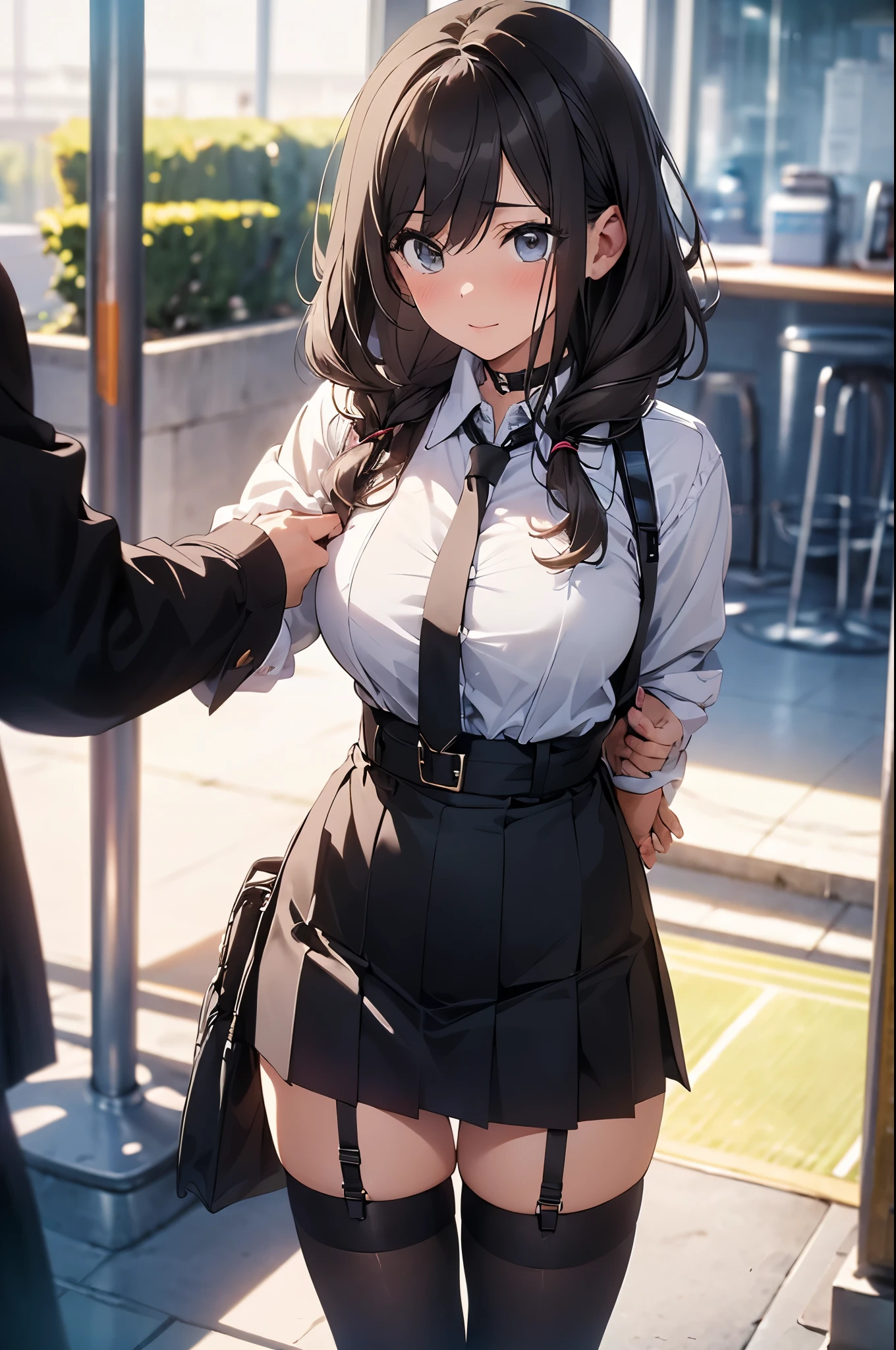 brown hair、looking at the viewer suspenders Bulging big breasts Black miniskirt garter belt knee high socks Gaze small face bangs Beauty hands up Gaze black boots provocation one person cutter shirt Panty shot hands behind put your hands behind your back Hands behind your back With your hands behind your back