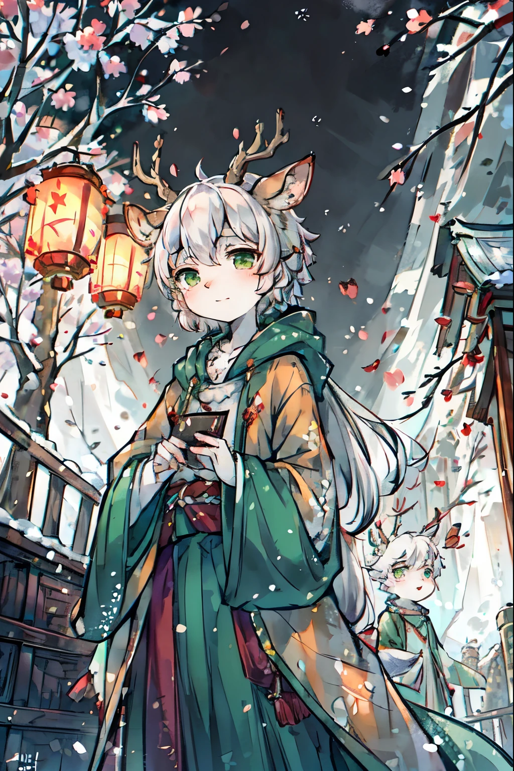 ink style,a white deer,antlers,Plum tree,Plum petals,plum blossom branch,Stand by the tree,green-shirt,long cloak,Flowing cloak,Cute Shota,green eyes,Relieved,Orange trees,The trees are full of oranges,There is a book next to you,Mountain,white hair,Purple left sleeve,Orange right sleeve,Three colors of clothing,sparkling starry sky,fallen leaves,Mountain河,white hairefly虫,firefly,dark night,Portable lanterns,new year lanterns,snow,snow域,Holding a wishing card in hand,green clothing,temple,Cute Shota,little boy,Holding a folding fan in his hand,Red Lantern,