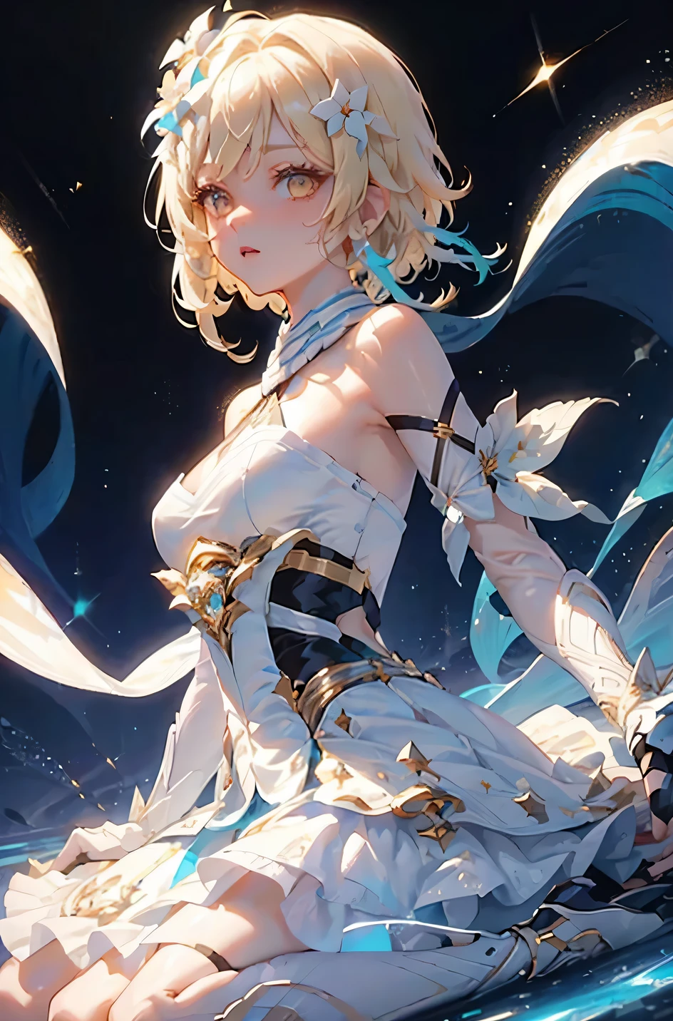 1 girl solo, blonde short hair, white flower hair ornament, white dress, bare shoulders, Detached sleeves, Changbai, fingerless gloves, iridescent light, glowing rainbow crystals, sparkling, Star, floating in space, dark background with Star and galaxies, ((portrait closeup face))