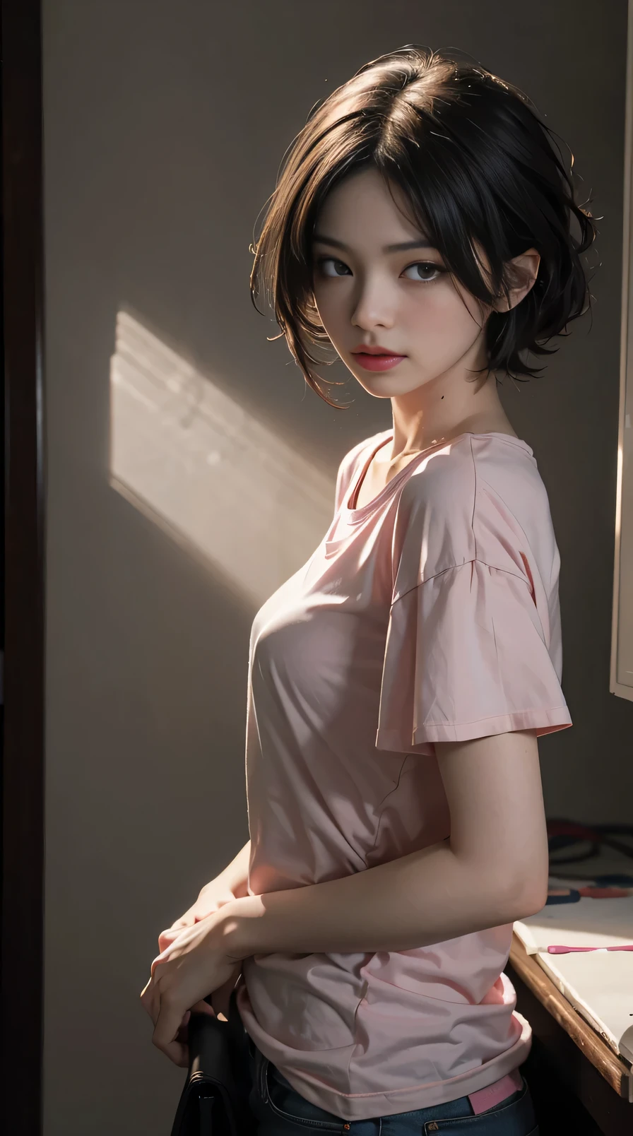 best quality, masterpiece, ultra high resolution, (fidelity: 1.4), original photo, 1 girl, Mature, pink top, Cinema lighting