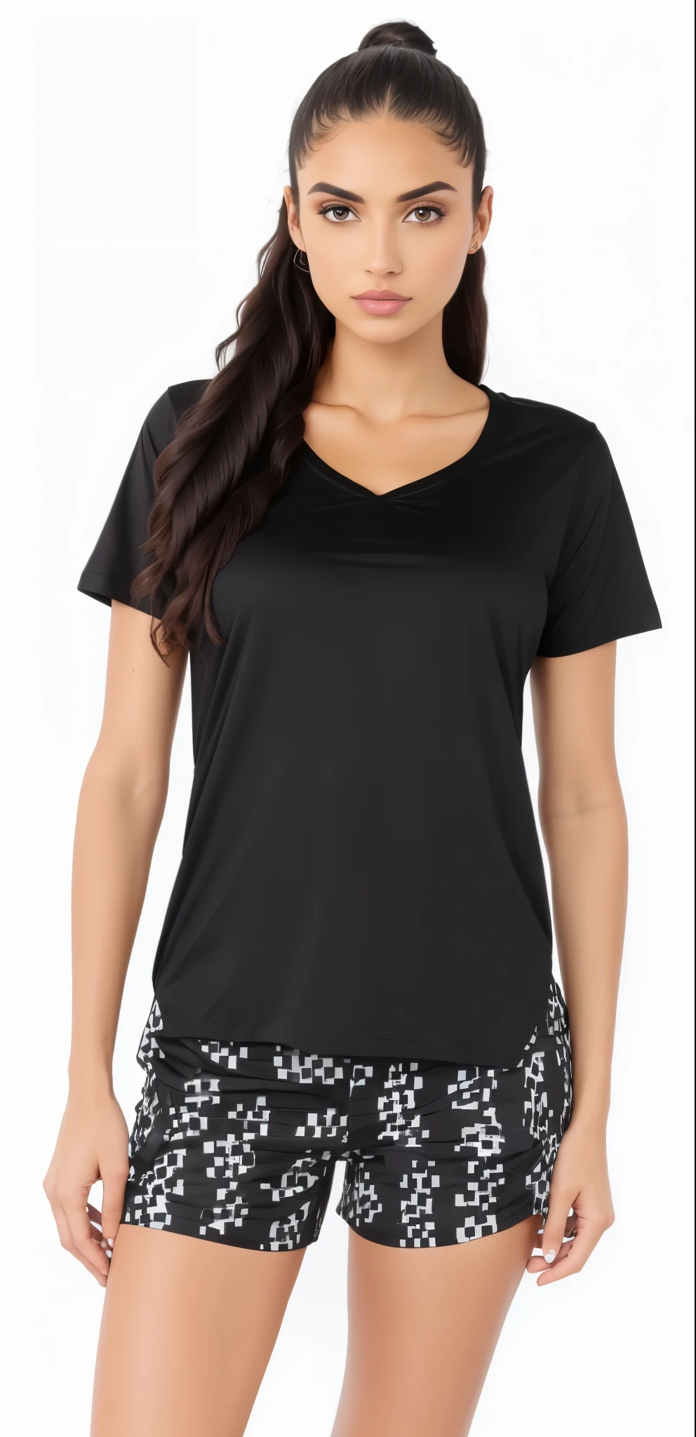 a woman wearing a Preto top and shorts with a Preto and white pattern, manga curta, wearing a Preto t-shirt, Preto, Preto t shirt, wearing Preto tshirt, wearing a Preto tshirt, wearing a Preto shirt, ônix, Preto shirt, camiseta, Preto t-shirt, Preto t - shirt, Preto top, Maxar, mulheres, Preto halo