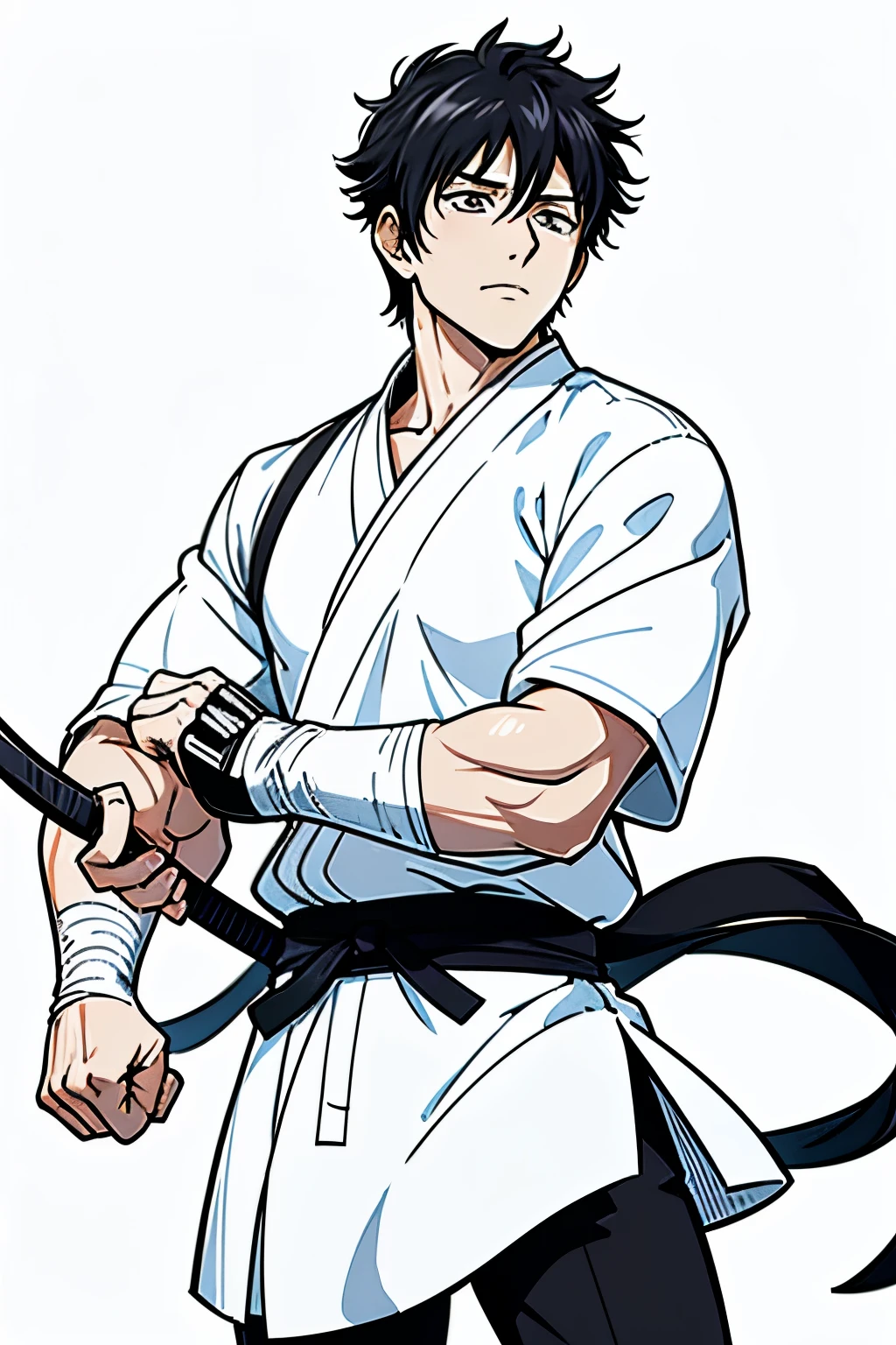 masterpiece, ultra detailed, 4K, 8K, 32K, intricate, (((1boy))), ((black hair)), ((no background)), white background, detailed eyes, white shirt and black pants, school uniform, handsome young man, 18 year old, (((same character))), dynamic pose, bokken, anatomically correct hands, holding bokken, average muscle mass, (modern clothing), detailed clothes, (slender body), Gintama, Hideaki Sorachi, Bleach, Tite Kubo, Kazuki Yone