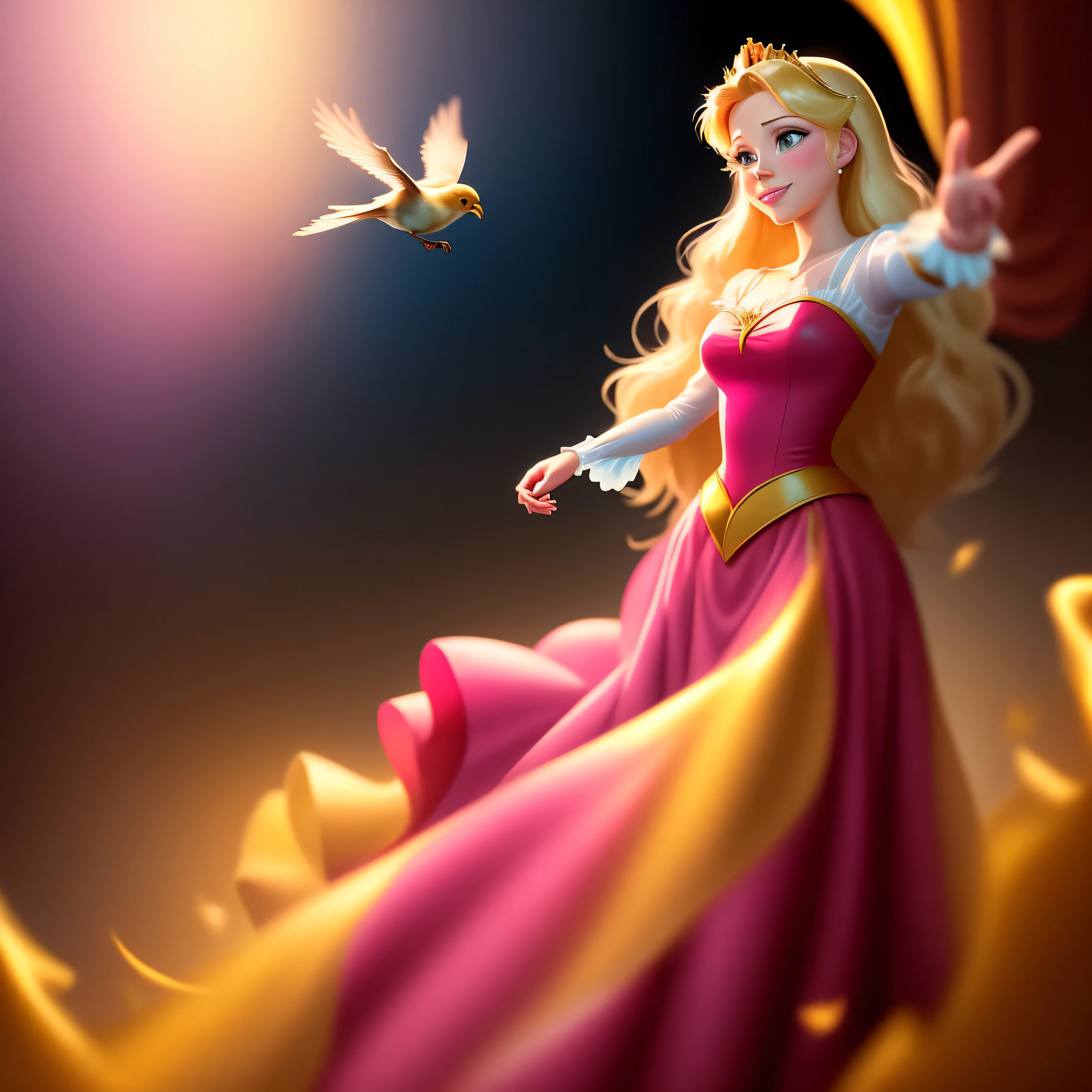 Disney-Pixar style cartoon illustration featuring Princess Aurora in a flowing pink dress, bird landing gently on your outstretched hands, fundo vazio amarelo dourado, sorriso caloroso, retrato de corpo inteiro, Tilt angle, with a cinematic lighting effect similar to an Artgerm painting, cores ultrafinas e vivas.
​