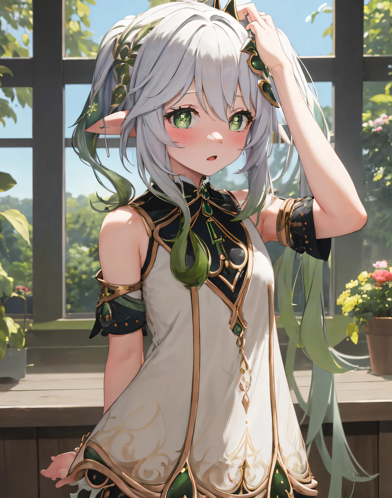 (masterpiece:1.2),(best quality,highres), meticulous shading and highlights, nahidarnd, nahidadef, blush, surprised, upperbody, arm behind back