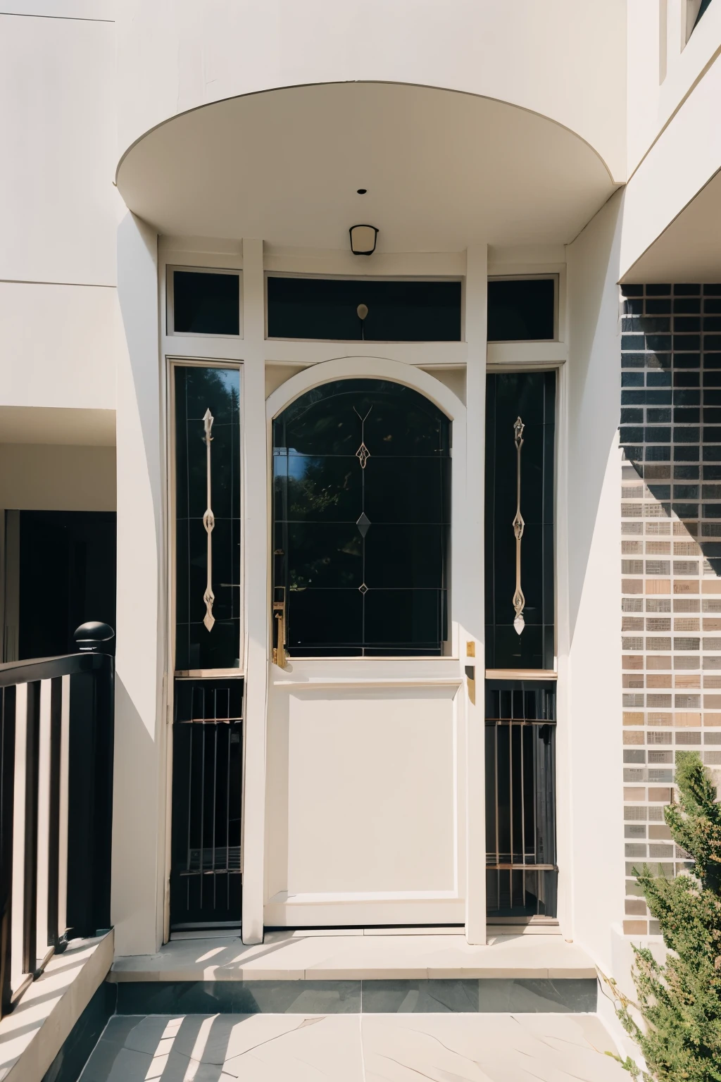 The modern facade of the three-story house is very clear, real and stylish, with a hidden light and white color with black horizontal lines, and in some places it has a black marble stone facade, with an oval window and a wooden door.