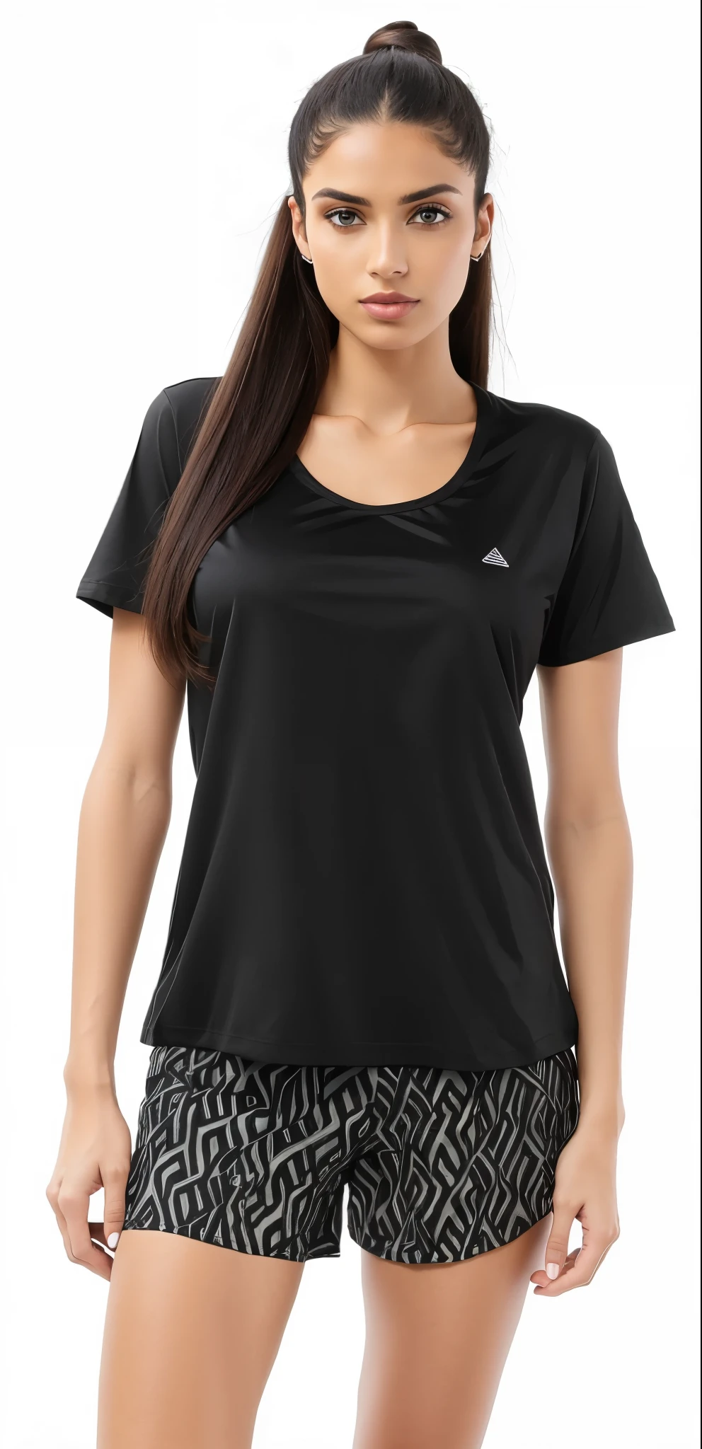 a woman wearing a Preto top and shorts with a Preto and white pattern, manga curta, wearing a Preto t-shirt, Preto, Preto t shirt, wearing Preto tshirt, wearing a Preto tshirt, wearing a Preto shirt, ônix, Preto shirt, camiseta, Preto t-shirt, Preto t - shirt, Preto top, Maxar, mulheres, Preto halo