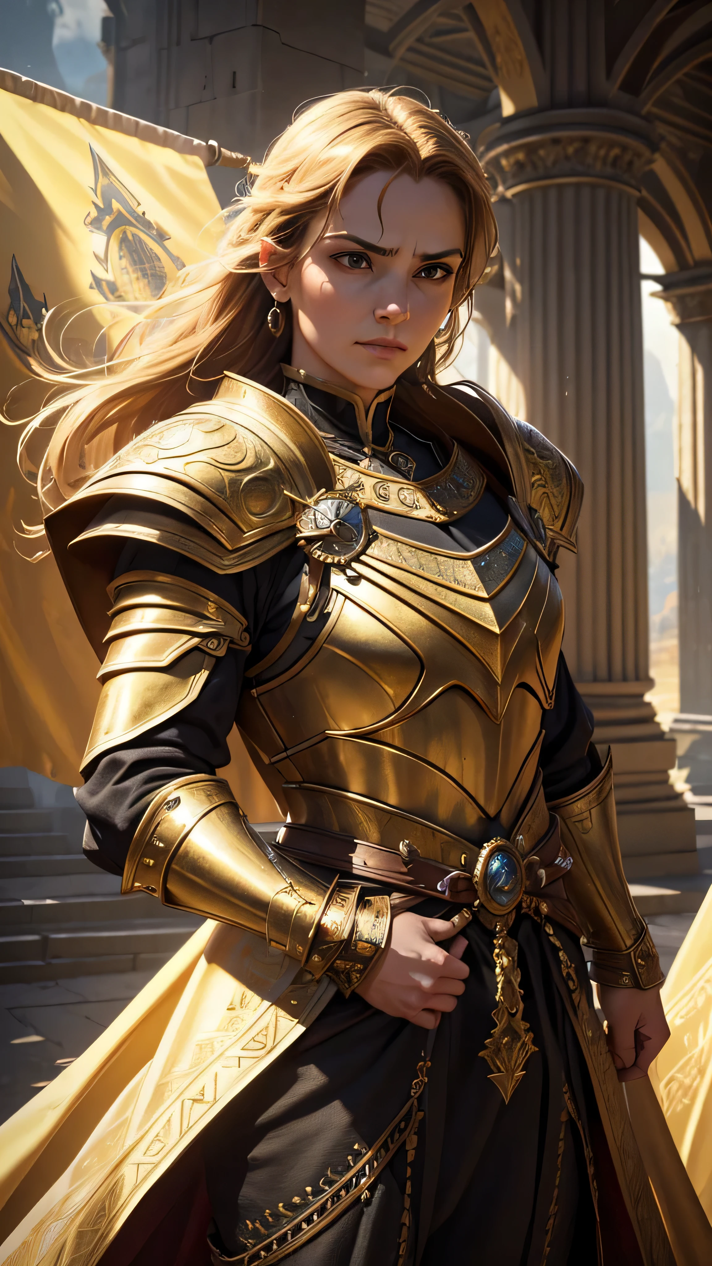 (best quality,4k,8k,highres,masterpiece:1.2),ultra-detailed,(realistic,photorealistic,photo-realistic:1.37),portraits,medium, HDR, UHD, studio lighting,physically-based rendering, realistic colors, sharp focus, sculptural details, vibrant armor, exquisite background, shadow and light play, noble characteristics, powerful presence, determined expressions, dynamic poses, golden accents, intricate patterns, epic battlefield, ancient castle, towering pillars, billowing banners, regal throne, shining swords, gleaming shields, textured fabrics, fine craftsmanship, atmospheric mood, epic confrontation, intense atmosphere, heroic knights, heroic history, captivating aura, grand storytelling
