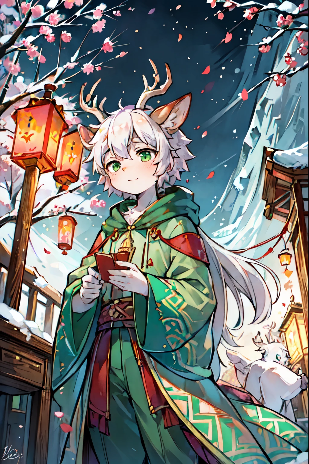 ink style，a white deer，antlers，Plum tree，Plum petals，plum blossom branch，Stand by the tree，green-shirt，long cloak，Flowing cloak，Cute Shota，green eyes，Relieved，Orange trees，The trees are full of oranges，There is a book next to you，Mountain，white hair，Purple left sleeve，Orange right sleeve，Three colors of clothing，sparkling starry sky，fallen leaves，Mountain河，white hairefly虫，firefly，dark night，Portable lanterns，new year lanterns，snow，snow域，Holding a wishing card in hand，green clothing，temple，Cute Shota，little boy，Holding a folding fan in his hand，Red Lantern，