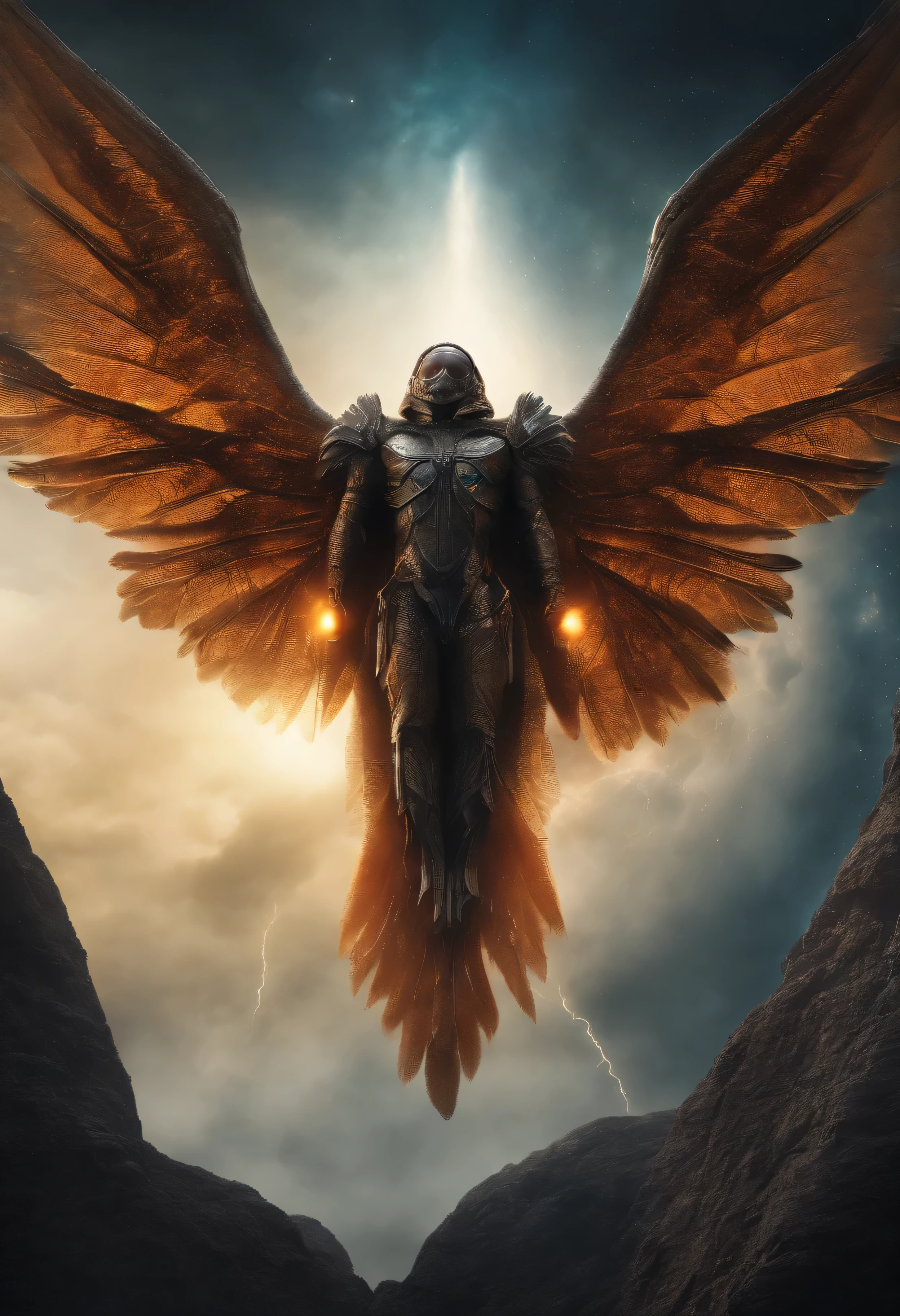 (giant eight-winged angel, eyes on wings, earth-shattering), eyes, squeezed eyes, missile, shot, detailed wings, cosmic creature, space, extraterrestrial, shooting stars, tentacles, cosmic dust, watery depths, dark and mysterious, vivid colors , epic scene, dramatic lighting, realistic, high resolution, masterpiece:1.2, lots of wings, alien-like cosmic face
