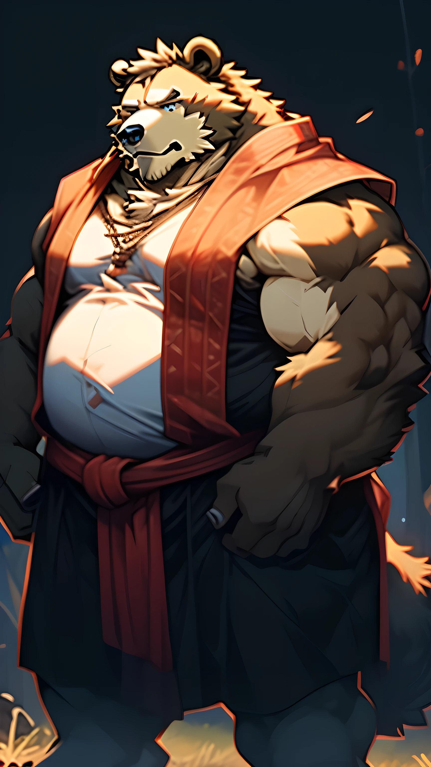 (best quality, 4K, high resolution, masterpiece:1.2), Inspiration from nature, intense gaze, blue eyes, fluffy, brown fur, white fur, rugged Bear, Upper body, Humanity (Bear), male, (Bear), middle aged, brown body, white belly, Tail, chubby, samurai costume, Long gray cloak, HD, dark background.