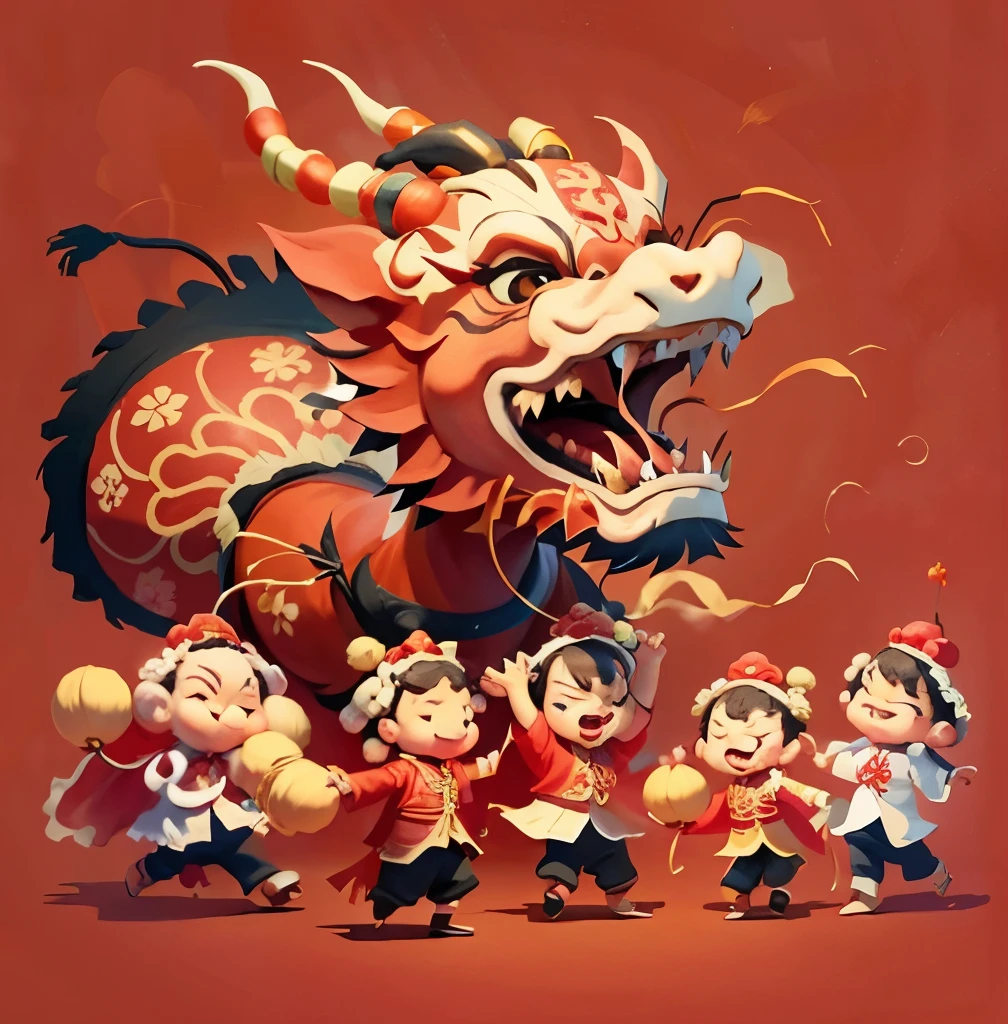 Chinese dragon dance, Chinese new year festival, happy, cutie , flowers, firecracker 