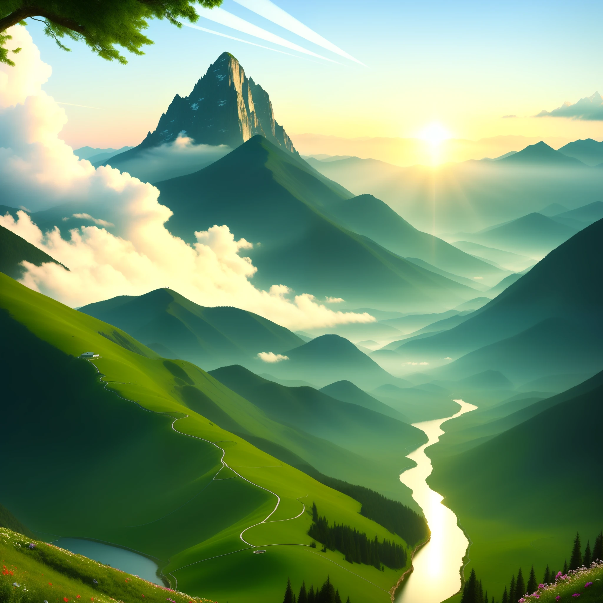 very beautiful scenery, Fine drawing,Realistic,16k,ultra high resolution,Towering peaks,The rays of the rising sun light up the sky,The sun rises in the sky,masterpiece, top quality, Very detailed, 16k, Flowers bloom all over the mountain at the foot of the mountain,Towering peaks,super clear,ultra high resolution,aesthetic,Rich in details,ultra high resolution,