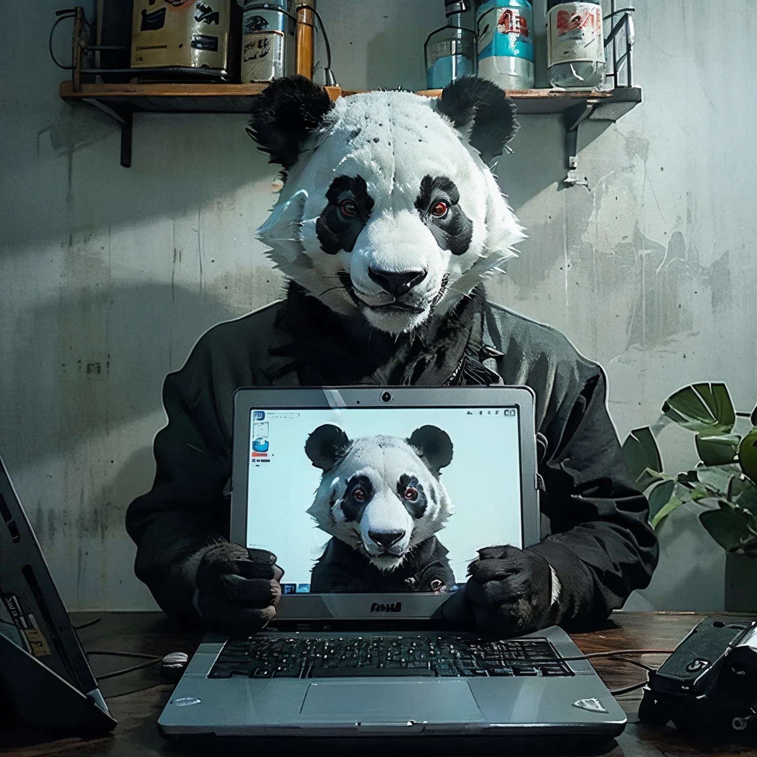 Panda gendut main laptop di rumah gaming