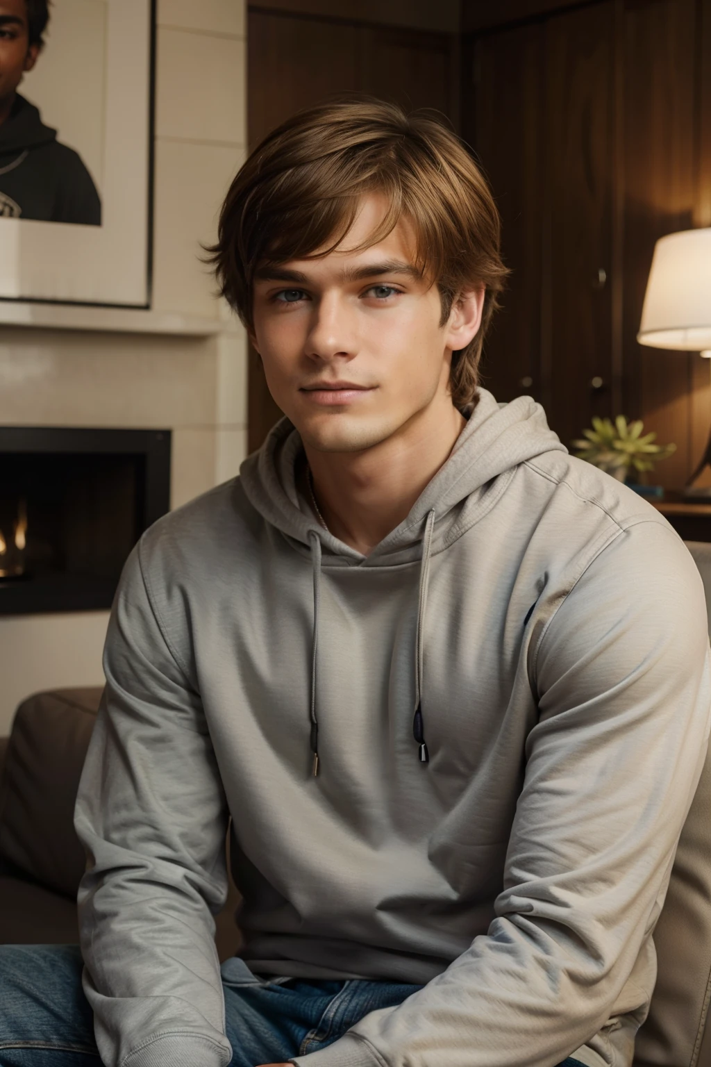 Young man with light hair, around 20 years old, wearing a sweatshirt, sits in front of the camera with a thoughtful expression. His hair is slightly messy, falling over his forehead. His eyes meet the viewer's gaze, and he wears no accessories or jewelry. He is seated in a casual setting, possibly in a living room or outdoor area. The image is captured in high resolution, with detailed and realistic visuals. The lighting is natural, casting soft shadows on his features. His sweatshirt sleeves are pushed up, revealing his toned forearms. His facial expression is serious, yet there is a hint of a smile playing on his lips. The overall style of the photo leans towards real