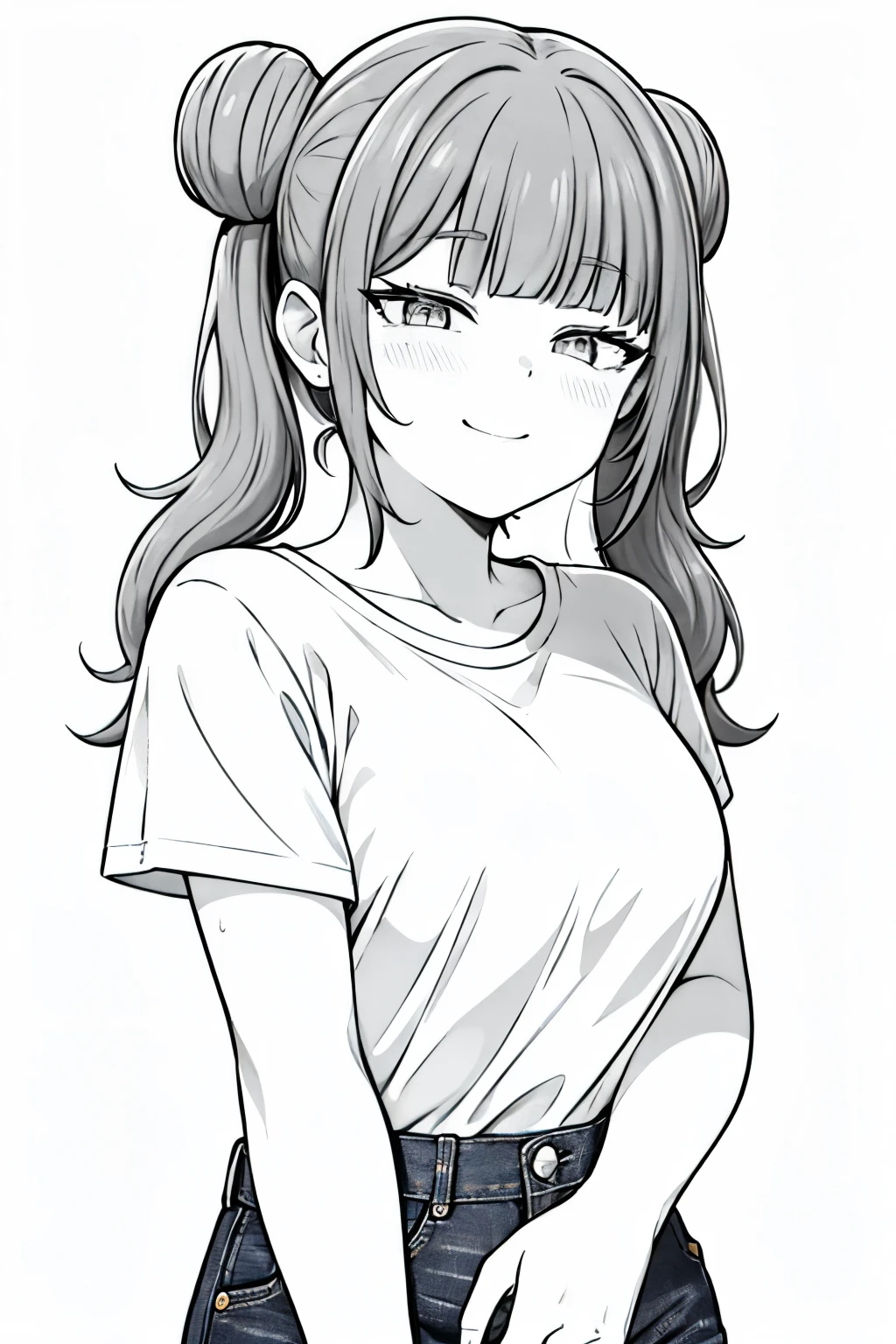 (masterpiece, best quality:1.2), (line drawing), ((monochrome, black and white)), Bun2Cartoon one woman with two hairstyles and short pigtails, (30 years old, Hair color is dark gray), long eyes, Simple short-sleeved T-shirt with no decorations, denim pants, wearing jeans, smile, simple background