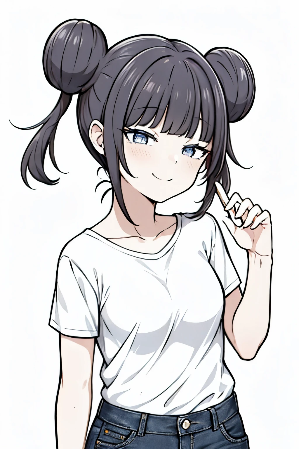 (masterpiece, best quality:1.2), (line drawing), ((monochrome, black and white)), Bun２Cartoon one woman with two hairstyles and short pigtails, (30 years old, Hair color is dark gray), long eyes, Simple short-sleeved T-shirt with no decorations, denim pants, wearing jeans, smile, simple background