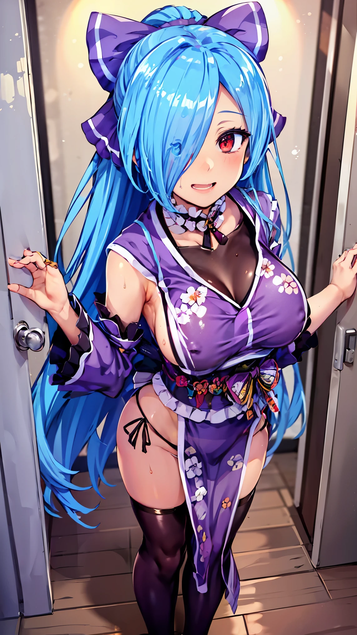 (masterpiece, high quality, highres:1),1girl,solo,breasts,pov doorway, open door, doorway, false smile, standing, (sweat:1.3) ,fog, ((yamato iori)), (hair over one eye:1.2), blue hair, red eyes, ponytail, very long hair, har bow, flat chest, NTRGAO,dark,shaded face,despair, (covered nipple), corruption,