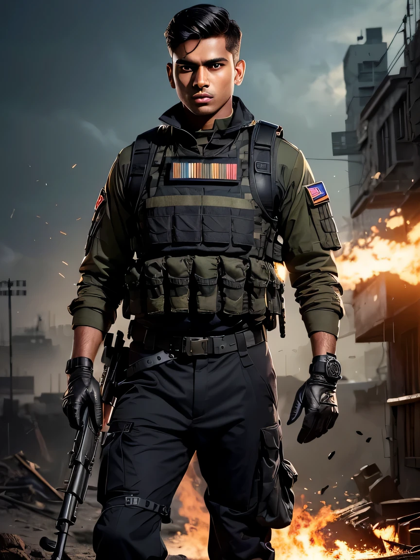  8K UHD of young man military (indian Soldier with dark uniform and MG4 rifle, ammo belt, military bulletproof vest, cargo pants, glove, radio, grenade:1.2), (glowing eyes:1.1), (supermodel:1.4),(muscular:1.3),  steampunk city background, best quality. stylish, rutkowski, hdr, intricate details, hyperdetailed, cinematic, rim light, danger atmosphere.
