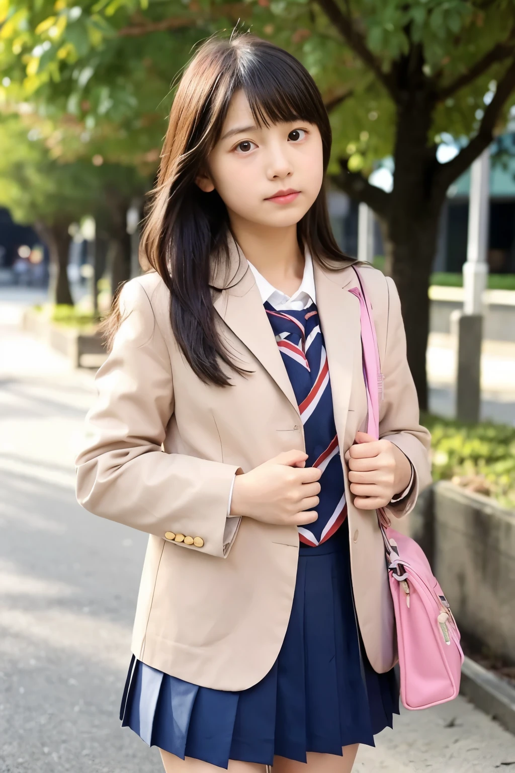 Japanese,11 year old,teens girl,cute little,elementary student,private elementary school,校服,blazers,a school bag,springtime,nude