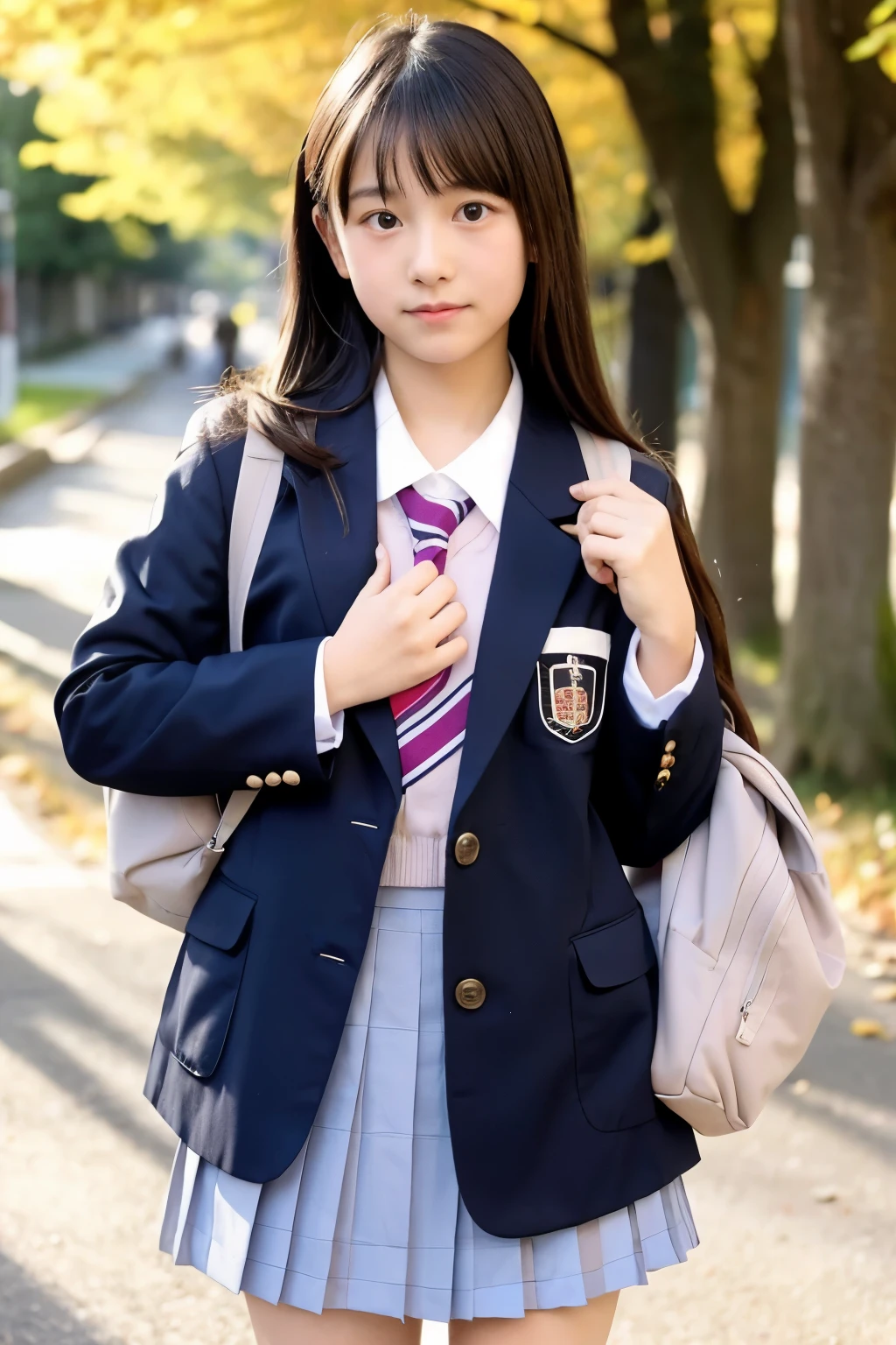 Japanese,11 year old,teens girl,cute little,elementary student,private elementary school,校服,blazers,a school bag,springtime,nude,small breasts