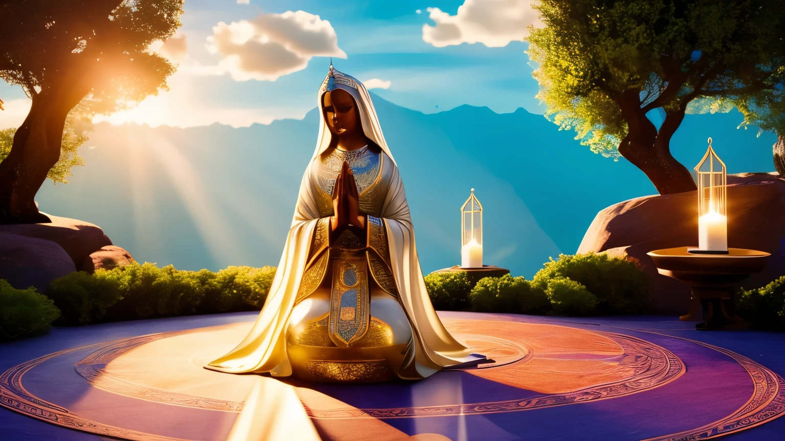 Visualize a figure, kneeling in prayer with hands clasped, surrounded by a circle of light symbolizing the presence of spiritual mentors. Above them, the words "May faith in the presence of Spiritual Mentors strengthen us" shimmer softly, carrying the prayer for spiritual fortitude and resilience. Surrounding the figure, shimmering figures of spiritual mentors appear, their forms radiant with divine light. It's a scene of reverence and devotion, where the soul draws courage and inspiration from the loving guidance and support of its spiritual guides.