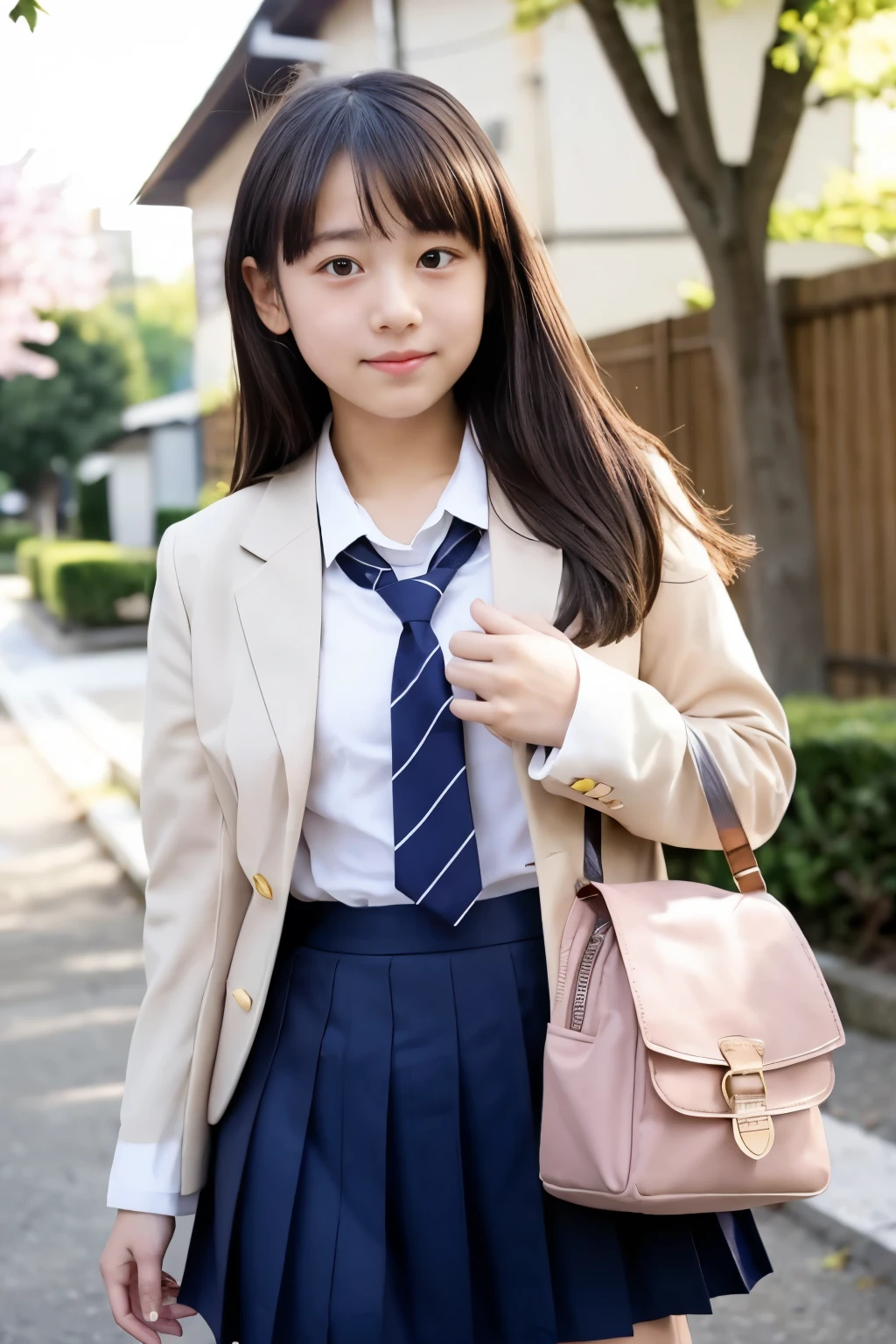 Japanese,11 year old,teens girl,cute little,elementary student,private elementary school,校服,blazers,a school bag,springtime,nude,small breasts