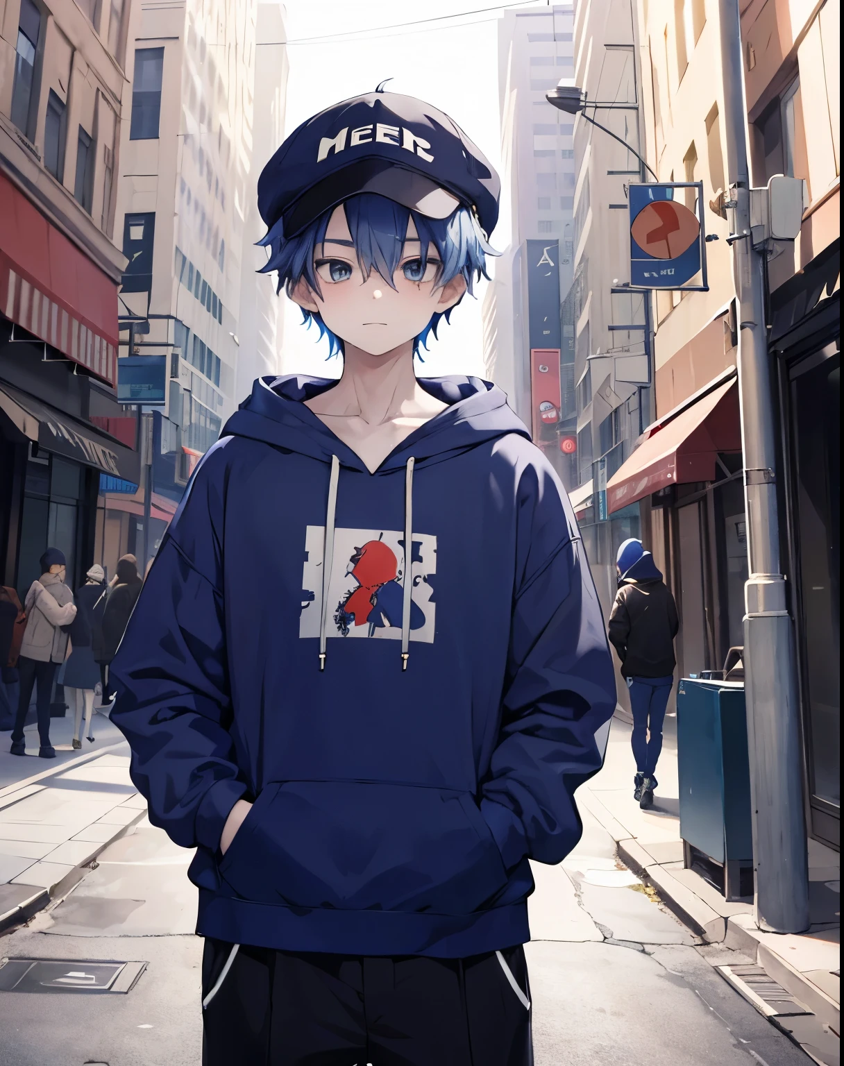 masterpiece,1boy,solo,blue hair,hoodie,off shoulder:1.2, mob cap, street,hand on hip, hand in pocket,