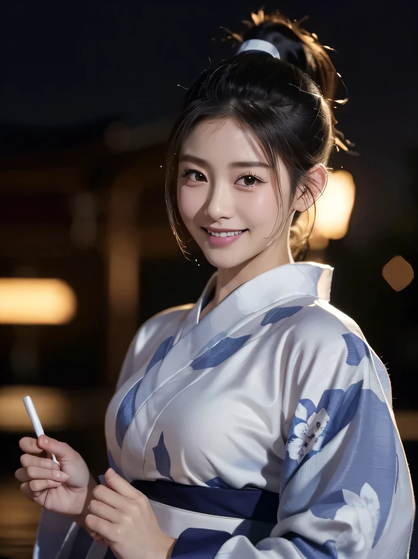 ((masterpiece、highest quality、genuine、Super detailed、High resolution、photogenuineistic、sharp focus、genuineistic photo、Live shooting、cinematic lighting))、((((fancy yukata、ponytail)))、Portrait of a Japan girl、bust shot、(Walking sideways、festival、City of night)、(very dark lip gloss)、open your mouth、soft light、blurred background、genuineな顔、genuineなボディ、genuineな肌、cute smile、detailed hand drawing