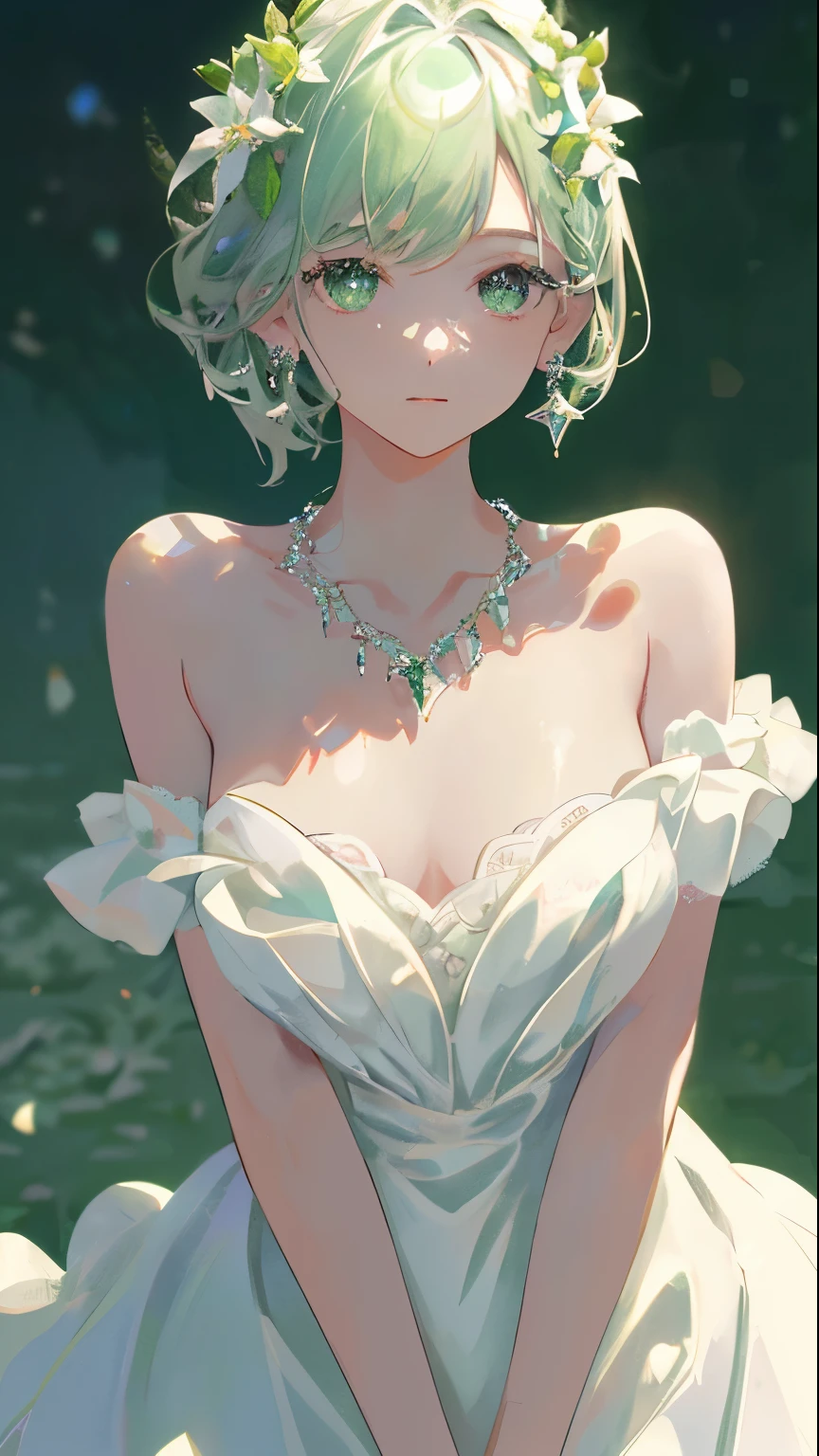masterpiece, highest quality, figure, green, platinum earrings, Platinum Necklace, white dress, 1 girl, cute, (dynamic lighting:1.2), cinematic lighting, delicate features, fine eyes, sharp pupils, (shapely massive chest;1.3), realistic student, Depth of bounds written, Bokeh, sharp focus, (very detailed, bloom, shine:1.4), Many Small Gems