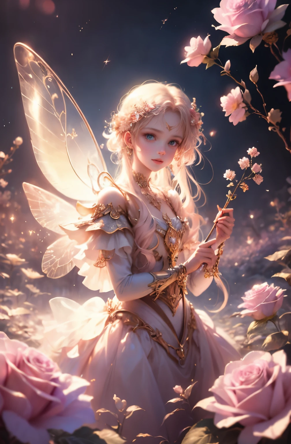 Beautiful transparent flower fairy baby, Transparent colorful wings, The wand flutters in the wind、The wand flashed with starlight,Golden wand,Beautiful blue sky and white clouds、Girls have transparent wings、kindly smile、Beautiful garden background、Gentle and transparent,anatomy correct, Delicate pattern,Pink rose space, Soft lighting, ( Bokeh),Masterpiece, Super detailed, Epic composition, Highest quality, 8K,Epic romantic fantasy digital art,Epic fairy tale fantasy digital art,Mythological fantasy,UHD resolution,Detailed detail drawing,realisticlying,Very realistic,cinmatic lighting,an award winning photograph,rich colours,hyper realistic lifelike texture,dramatic lighting