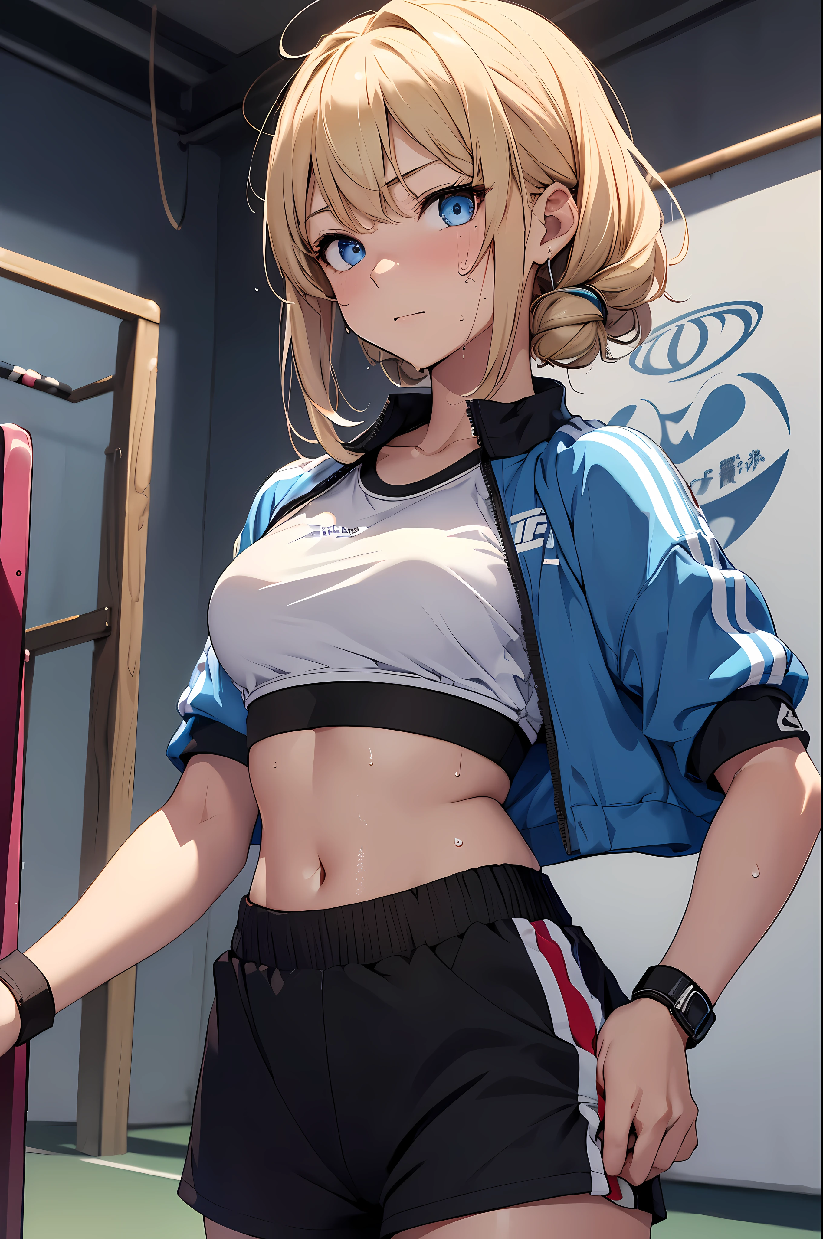 top quality、Best image quality、masterpiece、girl((18 years old、Sportswear、Black sports bra、Blue short pants、best tits、chest 85、blond hair、long hair、blue eyes、open your chest wide、valley、happiness、Black bracelet on the wrist、slim、Slouching pose、earring、The wind blows、sweating、Extend your right hand))high quality、Visual arts、background((gymnasium))、table top、
